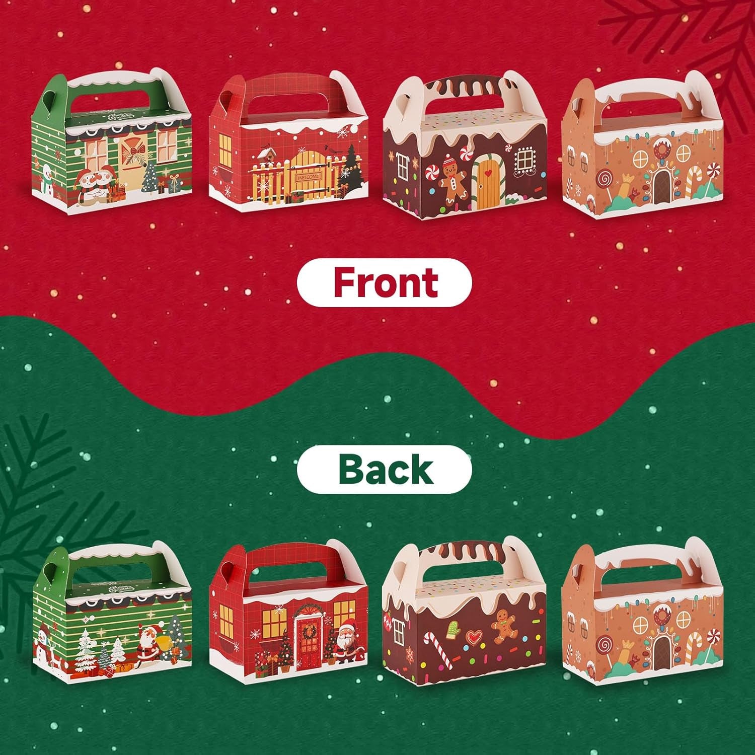 16PCS Christmas Treat Boxes, 3D Xmas Gift Boxes with Vibrant Print Cardboard Colorful Goodie Boxes with Handles for Gift Giving Christmas Holiday 6.1 X 3.4 X 3.5 Inch