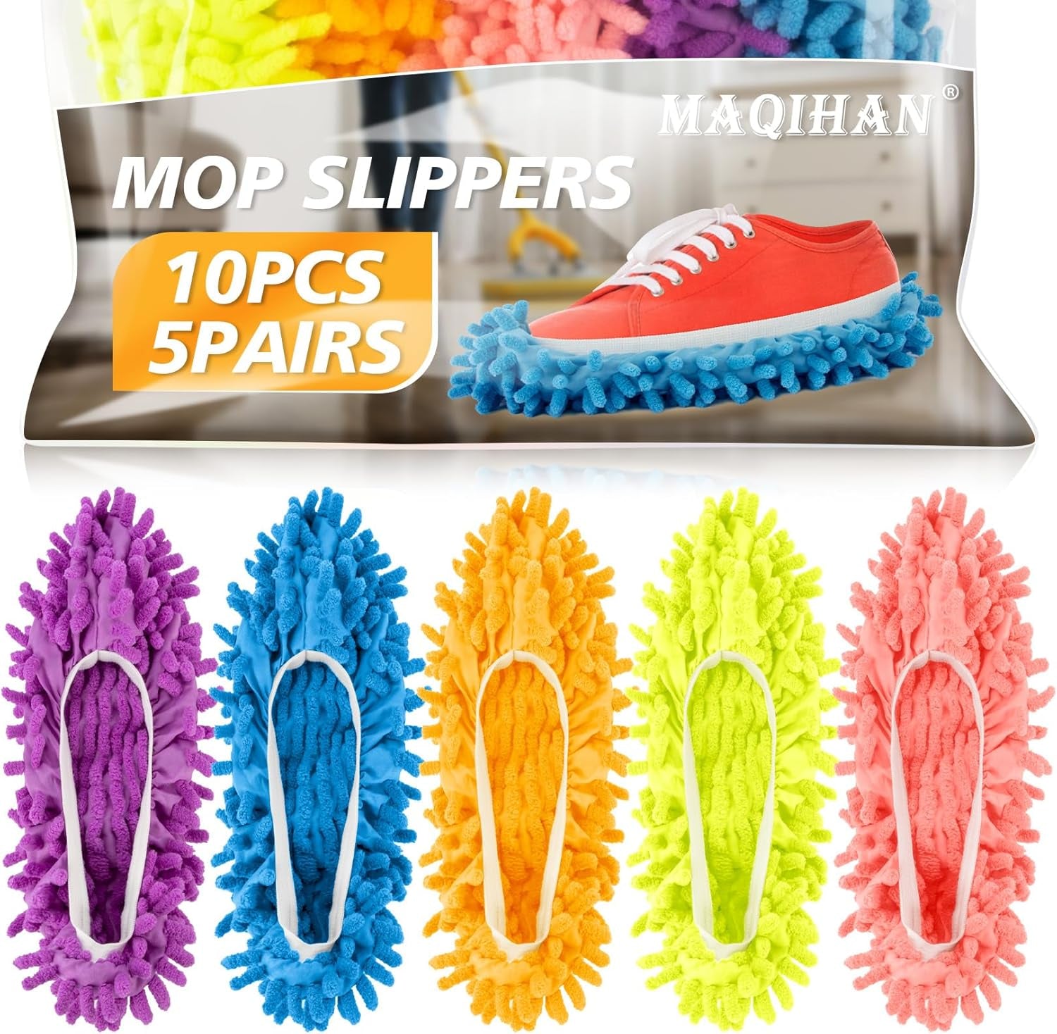 10 Mop Slippers for Floor Cleaning - Size 8 Mop Socks Women Mopping Cleaning Socks Feet Foot Mopping Slippers Dusting Slippers Dust Mopping Shoes Washable Microfiber Moppers Slippers (5 Pairs)