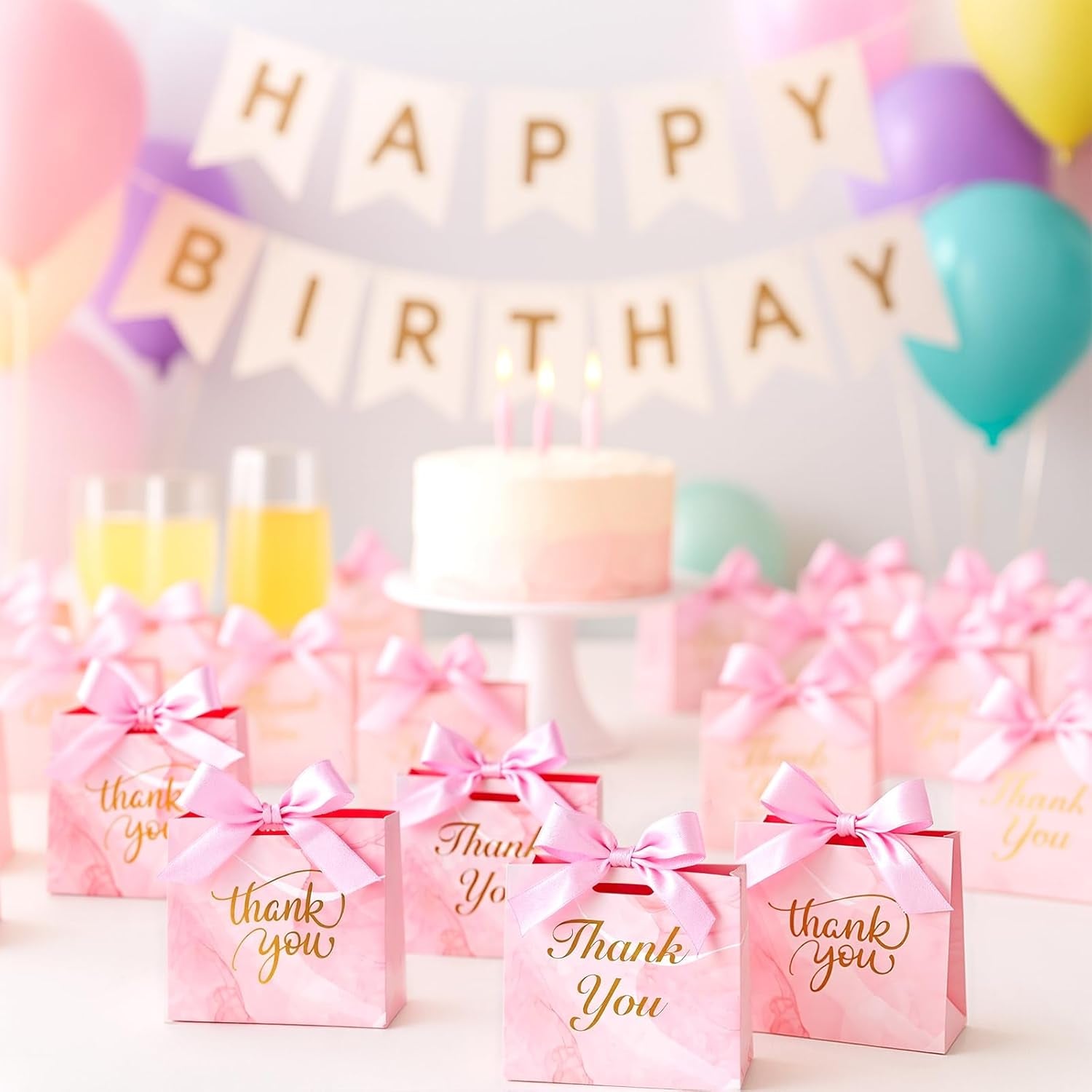 24PCS Thank You Gift Bags, 4.5X3.9X1.8Inches Mini Party Favor Bags Pink Treat Boxes with Bow Ribbon for Wedding Bridal Baby Shower Birthday Party