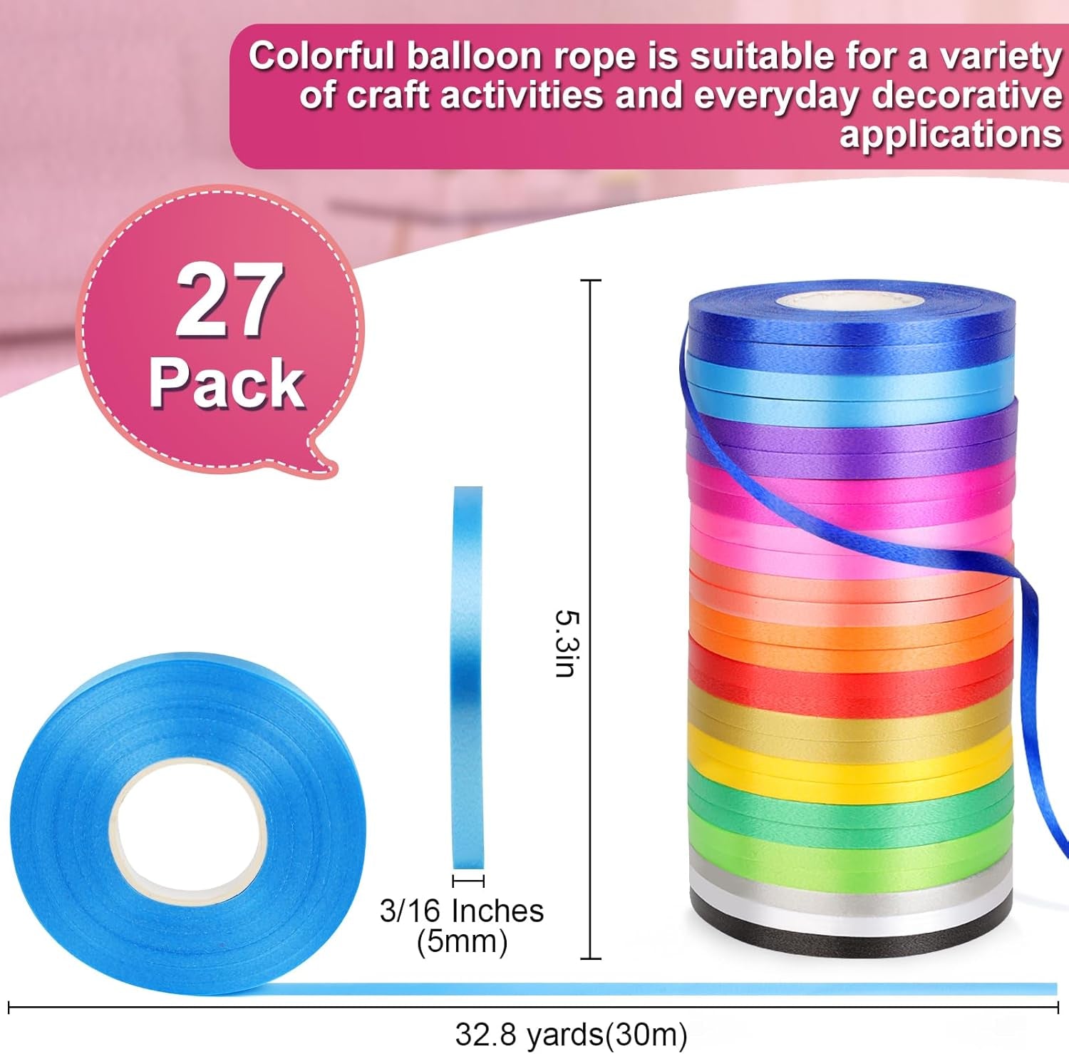 27 Roll Curling Ribbon, 3/16 Inch X 32.8 Yard Balloon String, 15 Colors Ribbons for Crafts, Balloon String Ribbon for Party, Festival, Florist Flower