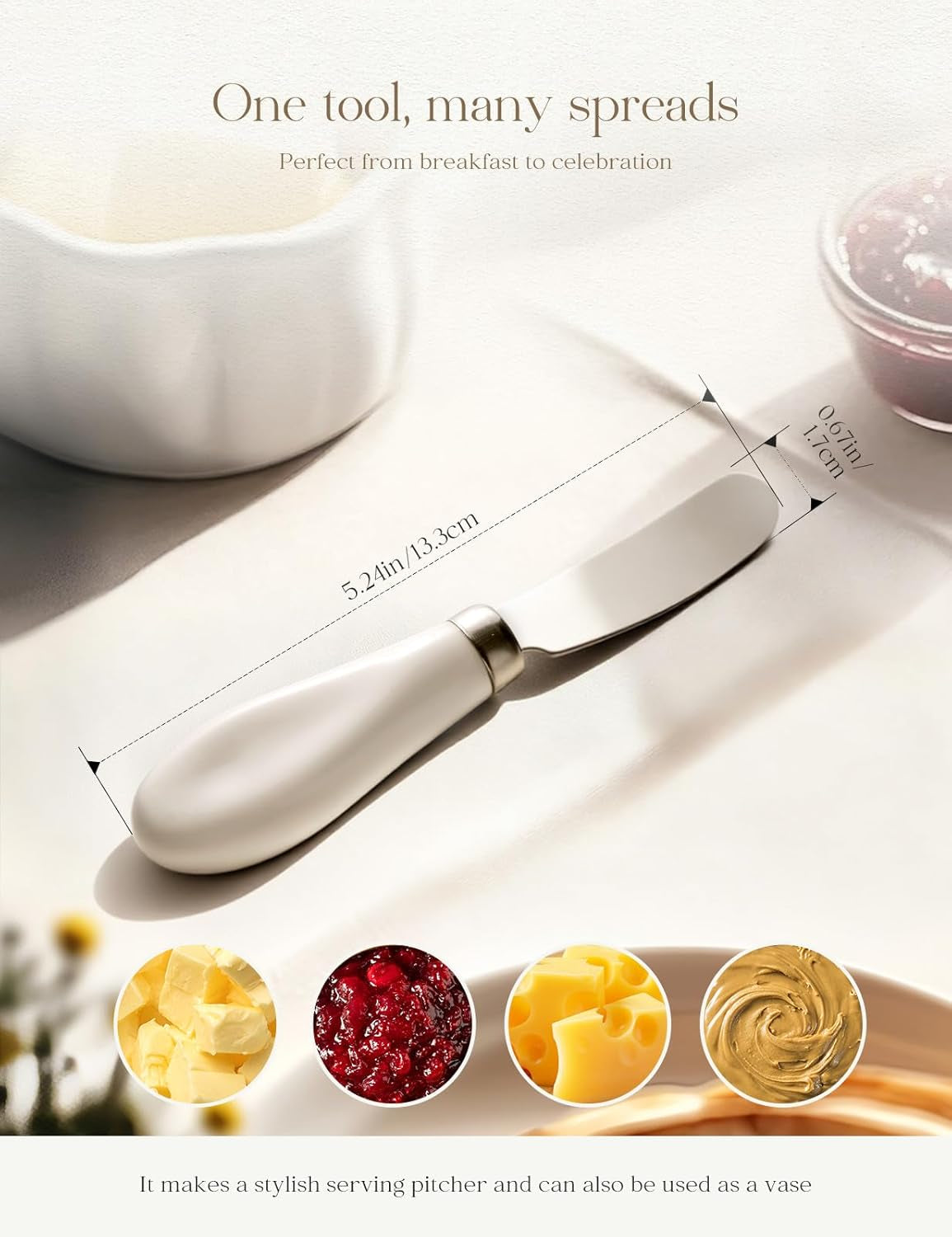 2 Pack Stainless Steel Butter Spreader Knife, Butter Knife with White Porcelain Handle, Cheese Butter Spreader Knives for Kitchen