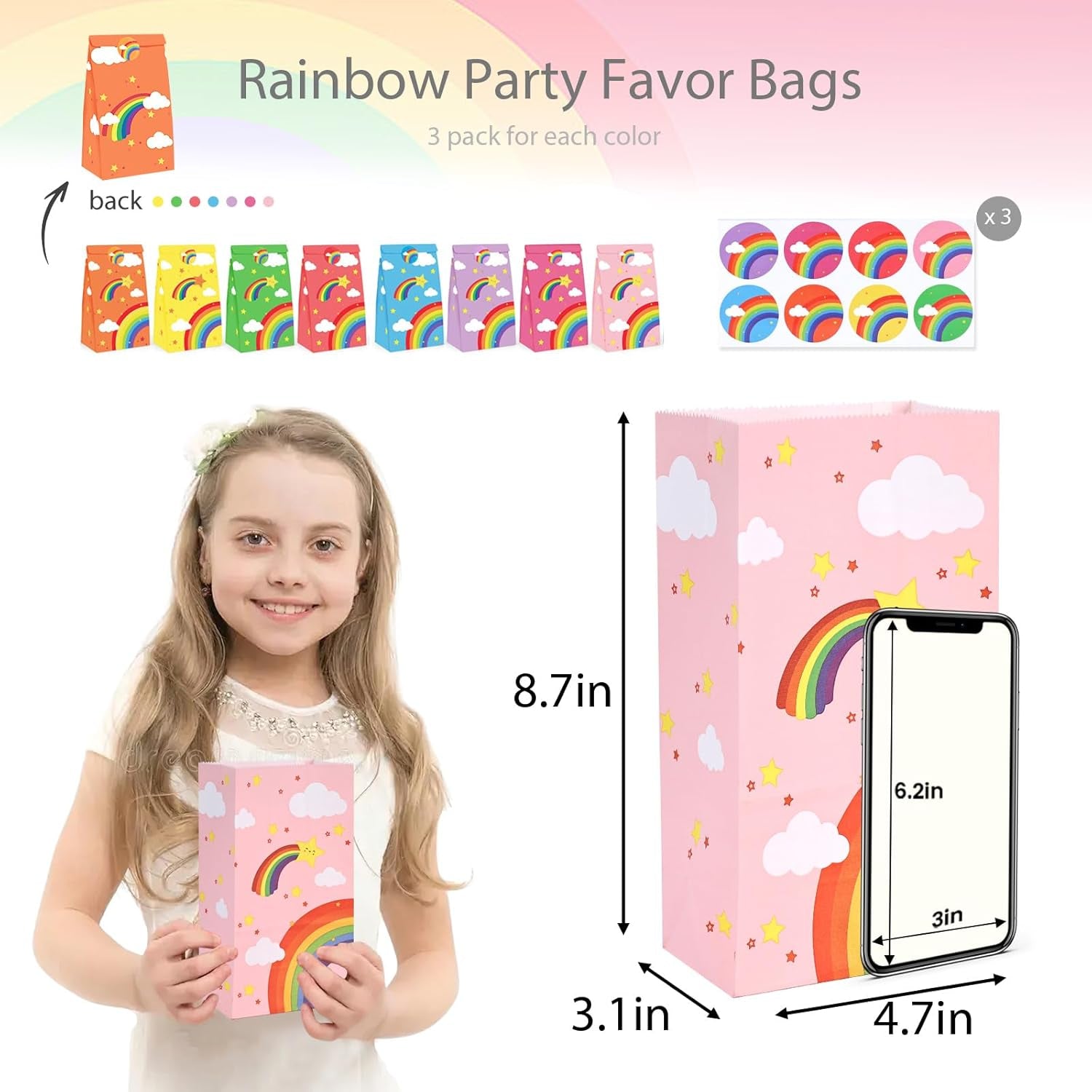 24PCS Rainbow Party Favor Bags, Small Gift Bags with Stickers for Birthday, Baby Shower, Party Supplies