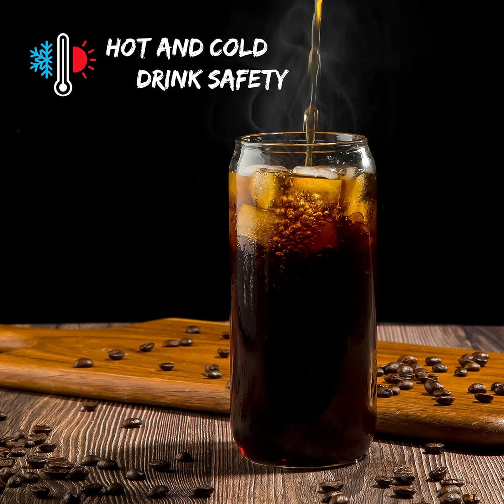 20 Oz Drinking Glasses with Bamboo Lids and Glass Straw - 6 Pcs Glass Cups Beer Ice Coffee Glasses Cute Aesthetic Cup Great for Coffee Bar Accessories Include 2 Cleaning Brushes