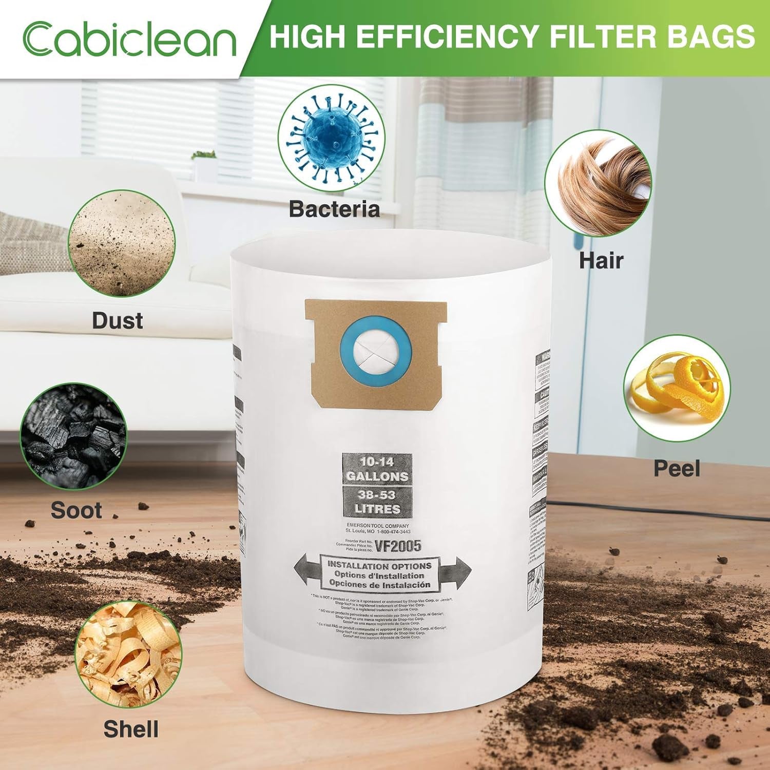 10 Pack 10-14 Gallon Vacuum Bags for Shop Vac Bags, Disposable Wet Dry Vaccum Collection Bags Replace Part Type I #90672 9067200, Type F #90662 9066200 9066233, Vf2005（White）