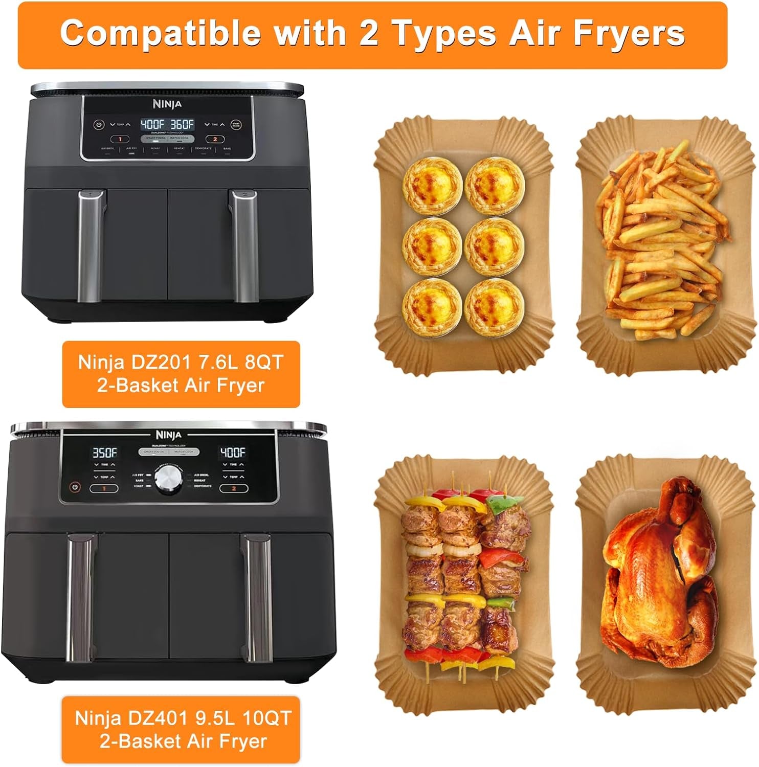 200PCS Air Fryer Liners for Ninja: Higher Non-Stick Disposable Parchment Paper Liner for Ninja DZ201/DZ401 Dual Airfryer Baking - Food Grade Ninja Air Fryer Accessories (Rectangle - 8.6 X 5.5 Inch)