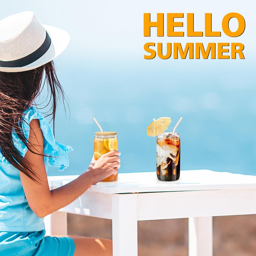 2PCS Glass Cups with Bamboo Lids and Straws, 16OZ Ice Coffee Cup, Drinking Cup Set with Wooden Lids, Home Essential Glass Tumblers for Beer, Cocktail, Tea and Latte Clear