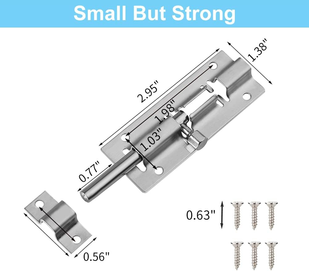 2 Pack Barrel Bolt Latch, 3 Inches Slide Latch Lock, Thickened Stainless Steel Sliding Locks for Door, Brushed Finish Sliding Bolt Lock Latches with 12PCS Screws