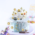 18 Pack Astronaut Cake Topper Set, Outer Space Cake Decoration Astronaut Figurine Rocket Caketoppers with Stars and Pearl Balls for Christmas Astronaut Themed Party Kids Birthday Tabletop Decor(Gold)