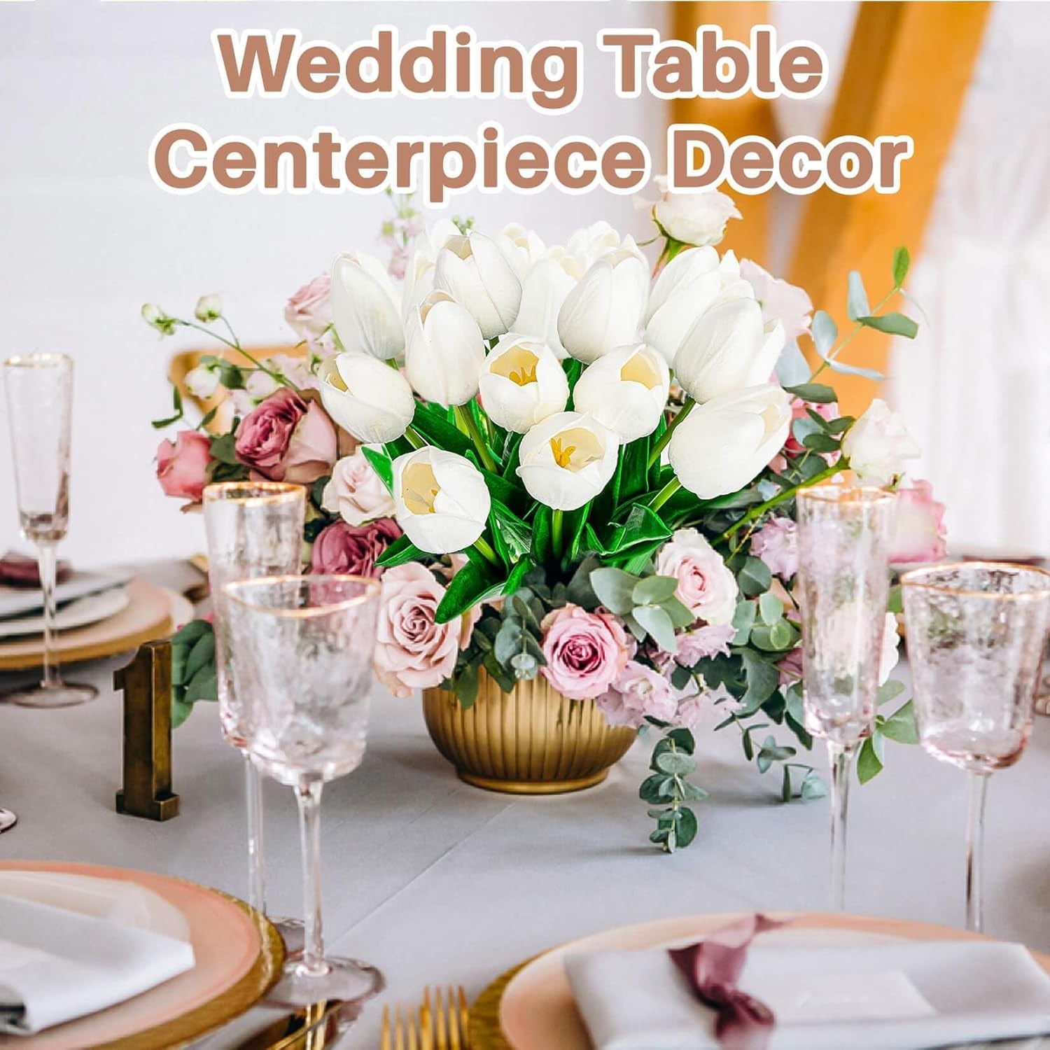 10 White Tulips Artificial Flowers - Real Touch Fake Tulips, Realistic Faux Plastic Flowers Bouquet for Home Dining Table Decoration