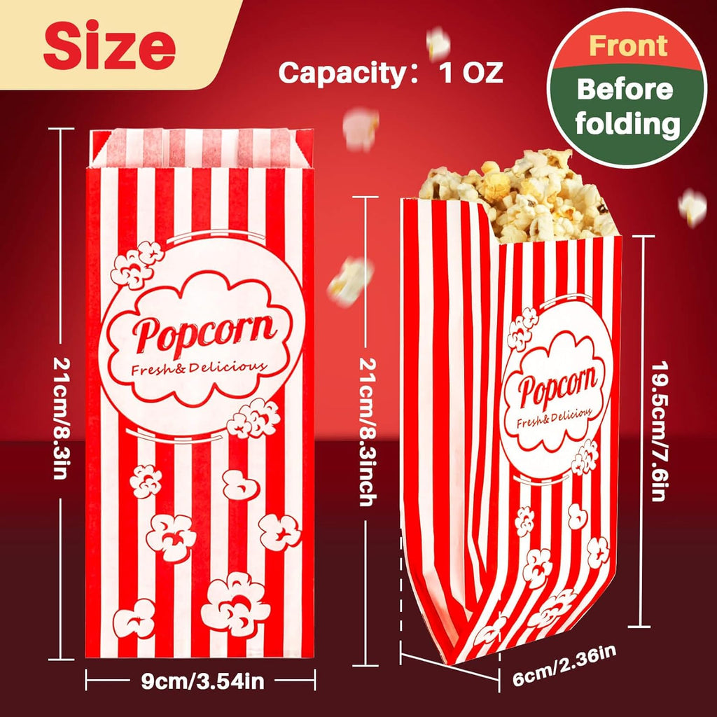 100 Popcorn Bags Individual Servings - Disposable Paper Popcorn Bags Party Pop Corn Sleeves Bulk Carnival Halloween Christmas Gift Favor Treat Bolsas Para Palomitas Movie Night Supplies