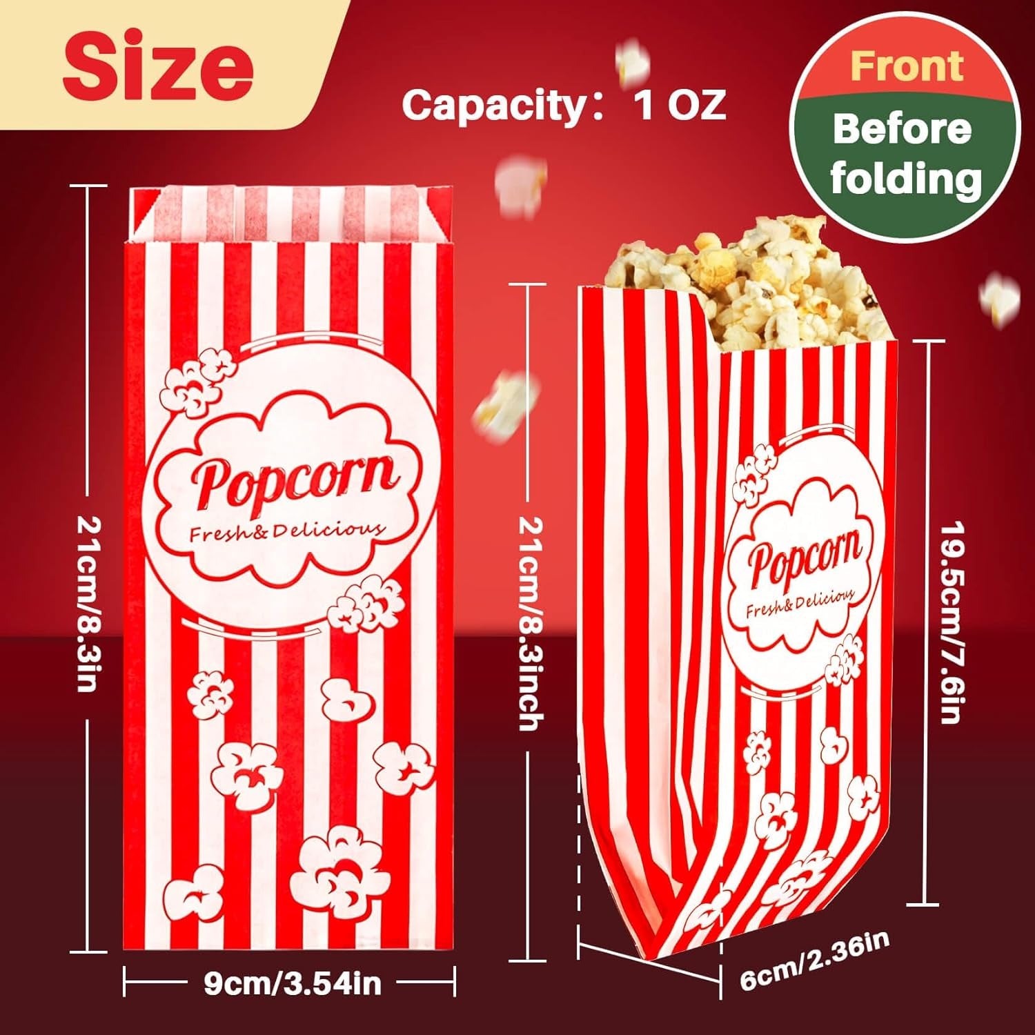100 Popcorn Bags Individual Servings - Disposable Paper Popcorn Bags Party Pop Corn Sleeves Bulk Carnival Halloween Christmas Gift Favor Treat Bolsas Para Palomitas Movie Night Supplies
