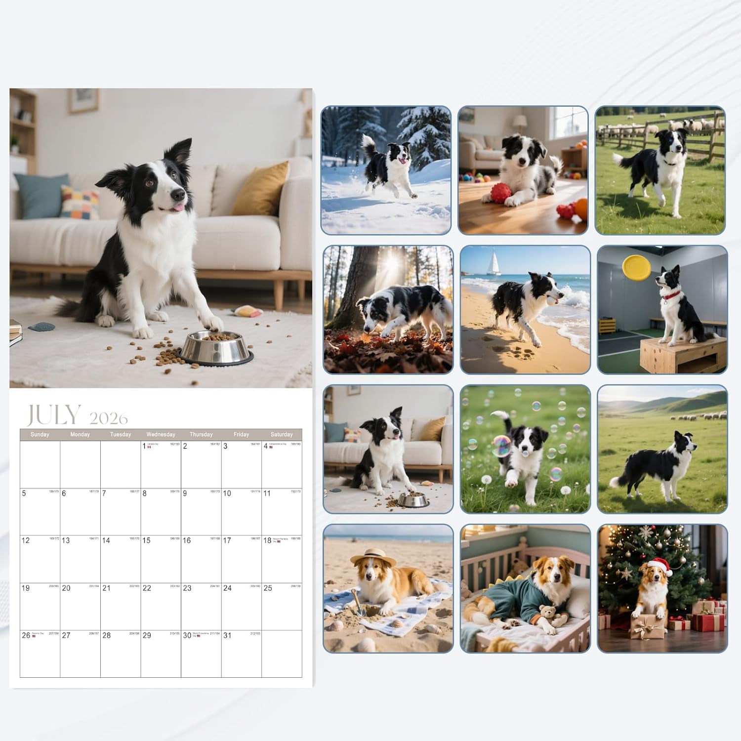 2026 Wall Calendar, Calendar 2026, Border Collies Monthly Wall Calendar (Jan 2026 - Dec 2026) 12" X 24" Opened, Hanging Calendar Thick Paper for Family Adults Kids Office Home