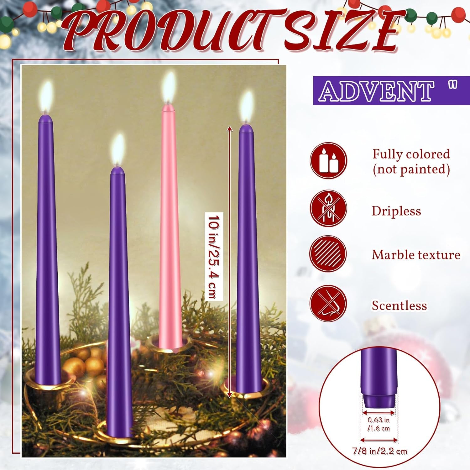 20 Pcs Christmas Advent Candle Set Taper Candles 10 Inch Purple and Pink Christmas Candles Candlesticks for Wedding Advent Home Church Holiday Decoration Party Celebrations