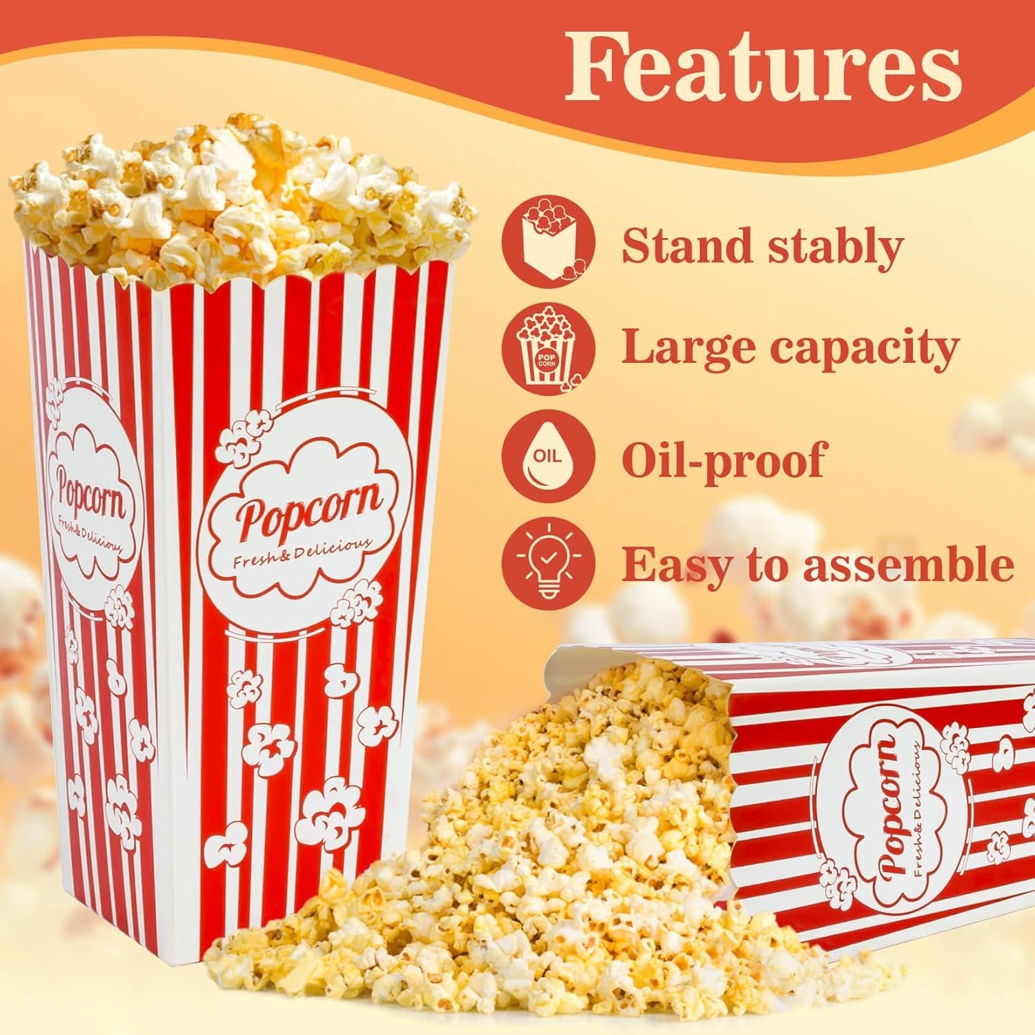 18 Popcorn Boxes Easy Assembly - 46Oz Square Popcorn Bowls Square Buckets Containers Tub Paper Cups Holders Disposable Halloween Carnival Christmas Movie Night Party Individual Servings
