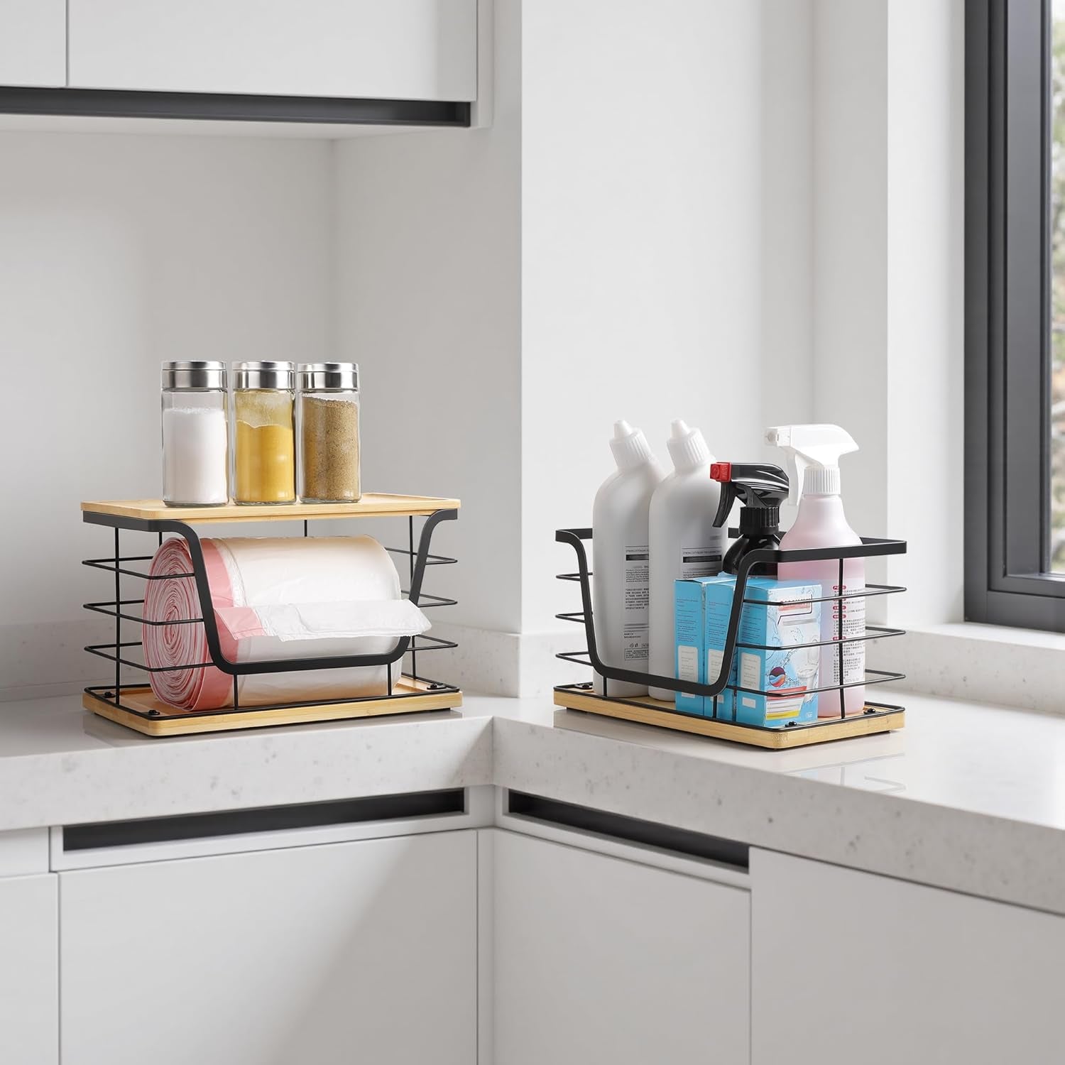 2 Pack Large Garbage Bag Dispenser for 13/30/33 Gallon Bags, Potato and Onion Storage Baskets with Bamboo Lid, Stainless Steel Stackable Storage Bins for Kitchen Laundry Pantry Room