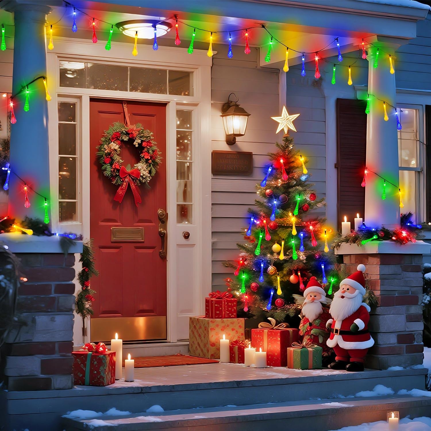 2 Pack Solar String Lights Outdoor Waterproof, Total 41.6FT 60 LED Teardrop Water Drop Solar Light, Multi Colored Christmas Lights for Garden Patio Yard Tree Party Christmas Decorations