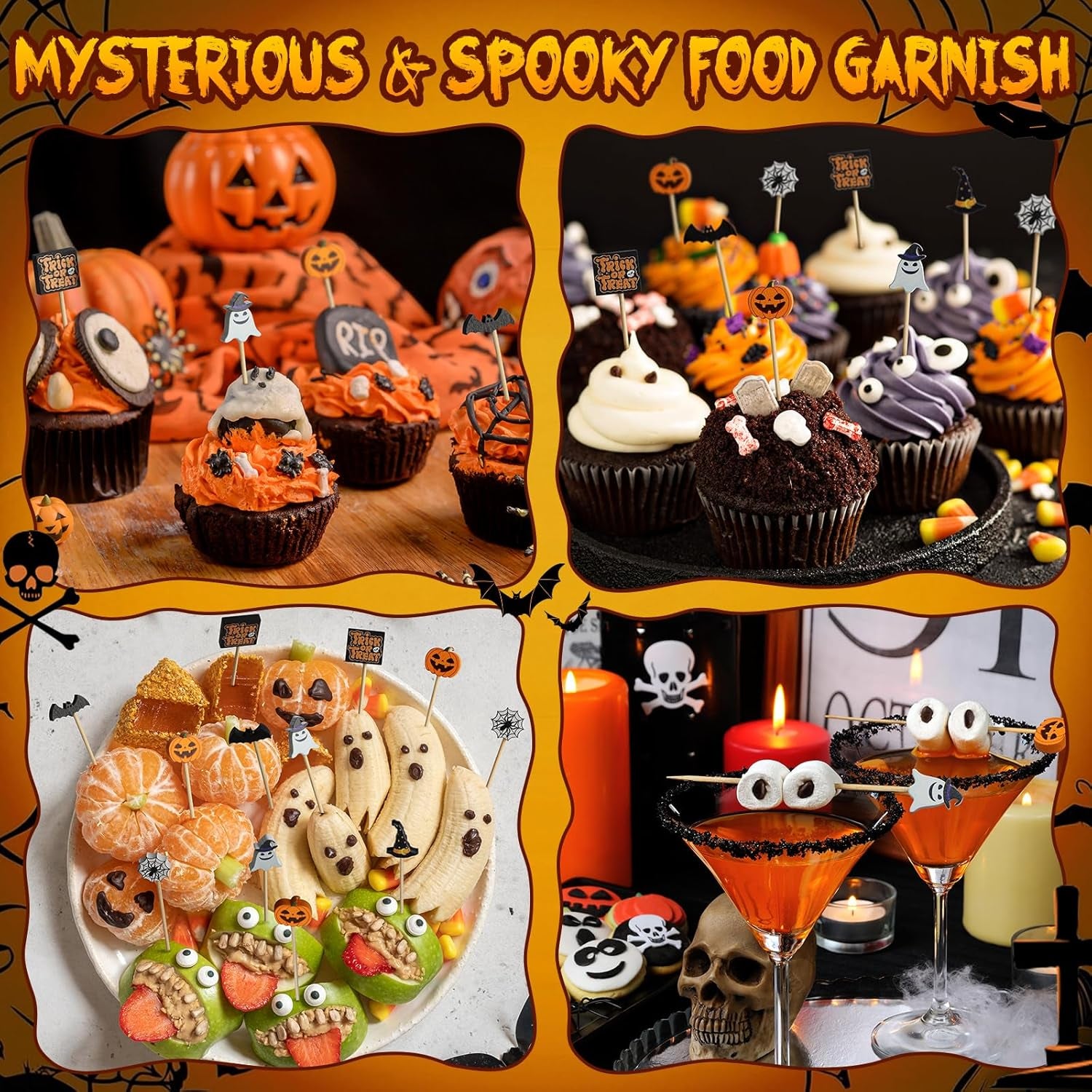 120 Halloween Cocktail Picks, 8 Kind of Bamboo Pumpkin Ghost Spider Hat Bat Eyeball Decorative Toothpicks for Appetizers, 4.7 in Food Sticks Charcuterie Skewers for Halloween Themed Party