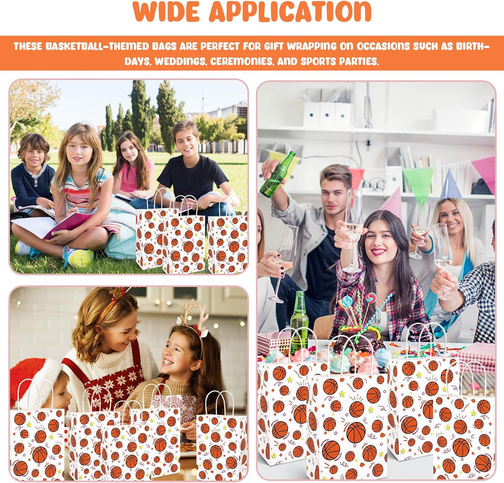 16 Pack Gift Bags, 5.5" X 2.8" X 8" Basketball Party Favor Bags with Handles for Sports Theme Birthday Party Supplies