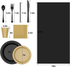 202 Pieces Disposable Plastic Dinnerware Set, Plastic Cutlery Set Includes 25 of Each Dinner Plates|Dessert Plates|Cups|Napkins|Straws|Spoons, Forks & Knives (Black & Gold, 202PCS（25 Guests）)