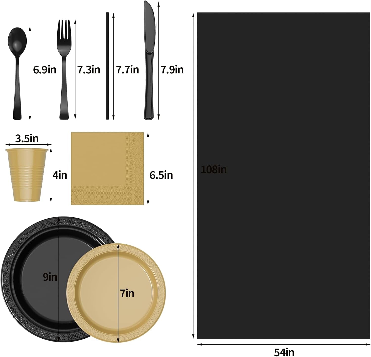 202 Pieces Disposable Plastic Dinnerware Set, Plastic Cutlery Set Includes 25 of Each Dinner Plates|Dessert Plates|Cups|Napkins|Straws|Spoons, Forks & Knives (Black & Gold, 202PCS（25 Guests）)