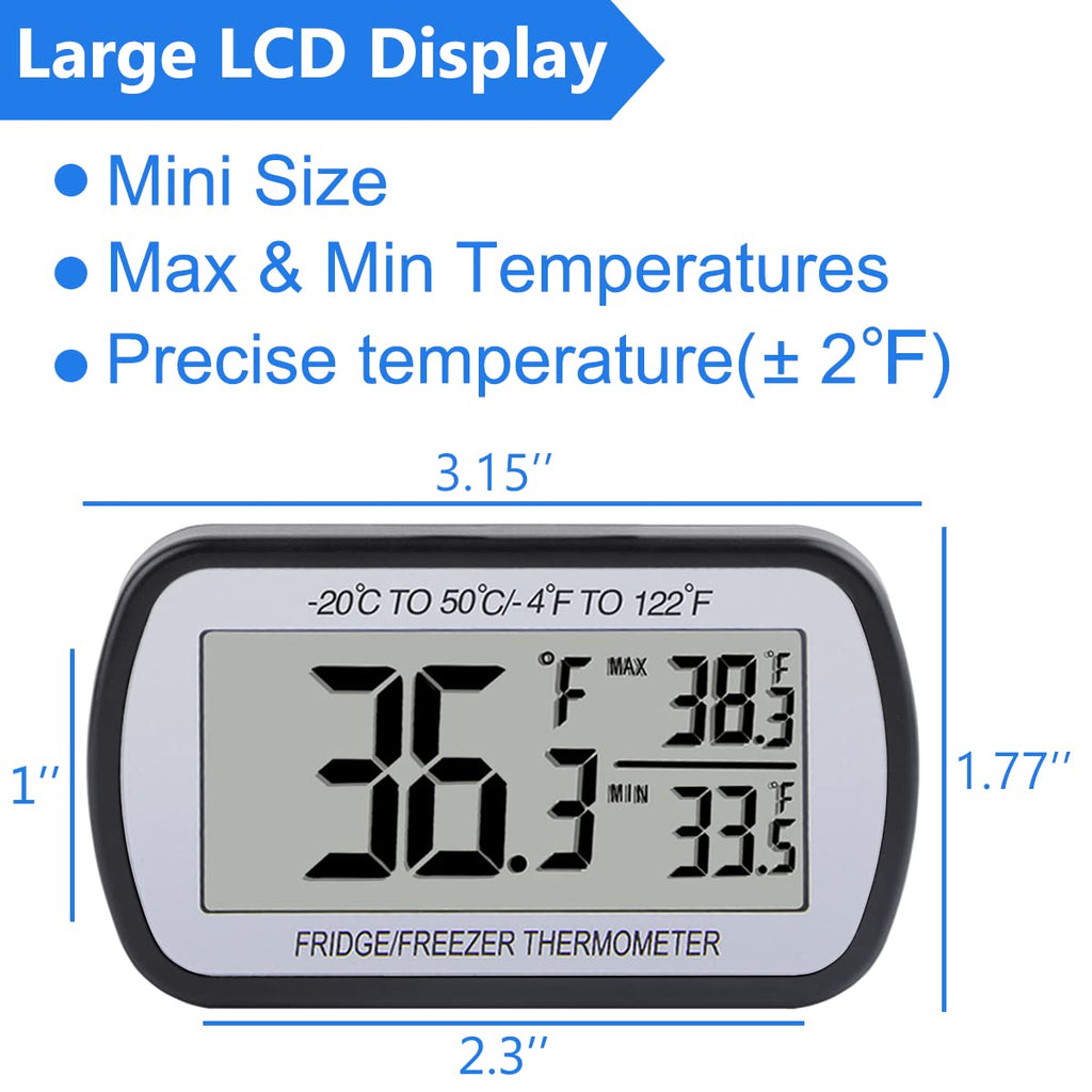 2 Pack Refrigerator Fridge Thermometer Digital Freezer Room Thermometer Waterproof Large LCD Display Max/Min Record Function-Black