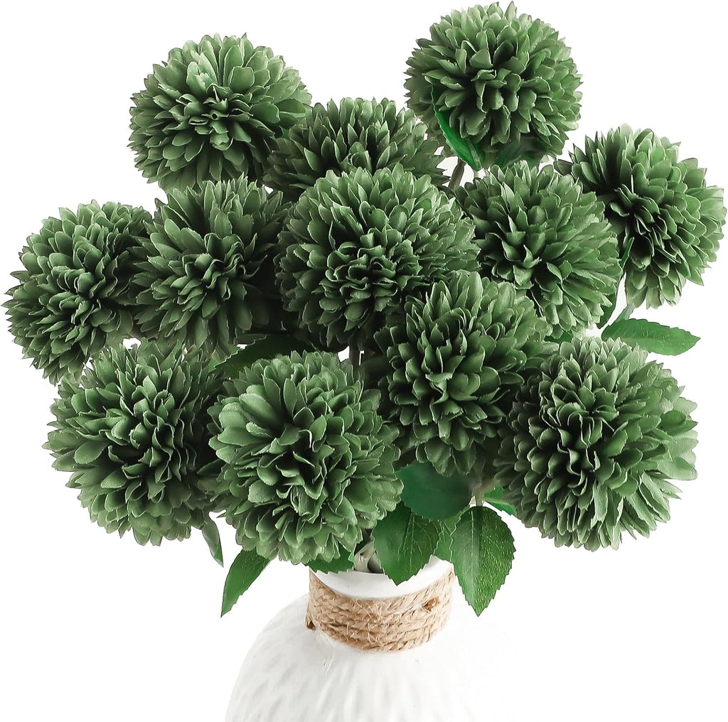 12Pcs Emerald Green Faux Silk Mums Artificial Flowers Bulk Fake Chrysanthemums with Stems for DIY Wedding Table Centerpieces Floral Arrangements Vase Fillers Home Decorations