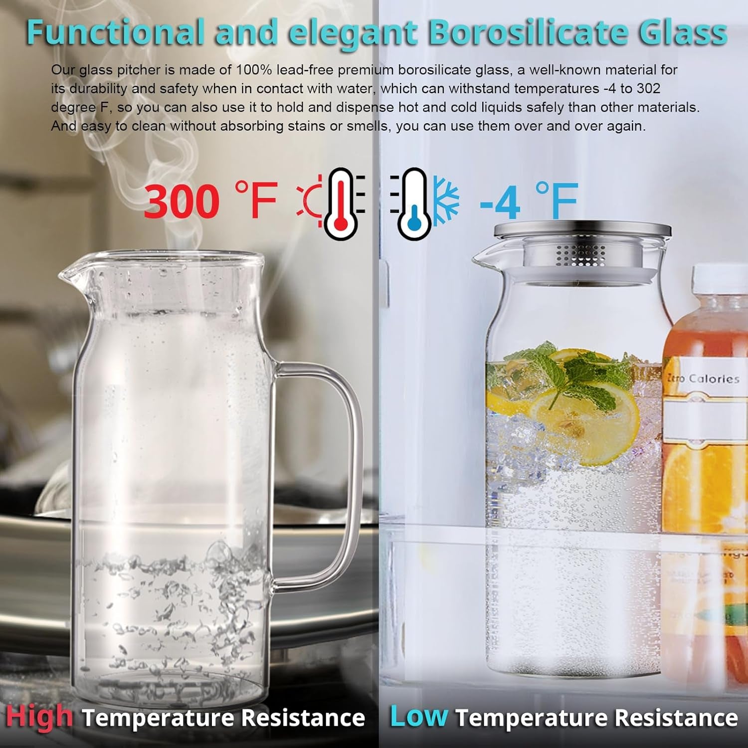 2 Liter 68 Oz Glass Pitcher with Lid and Handle, Glass Carafe for Hot/Cold Water, Large Iced Tea Pitcher for Coffee, Juice and Homemade Beverage