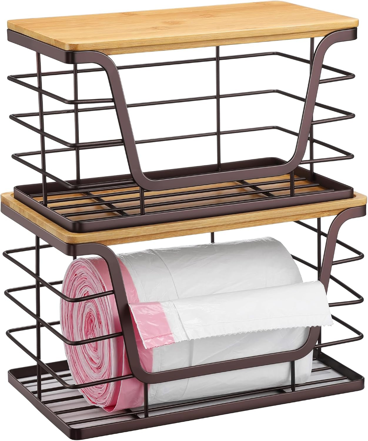 2 Pack Stackable Wire Storage Basket with Bamboo Lip, Trash Bag Dispenser under Sink for 4-13 Gal Bags, Kitchen Storage Bins for Potato and Onion, Brown