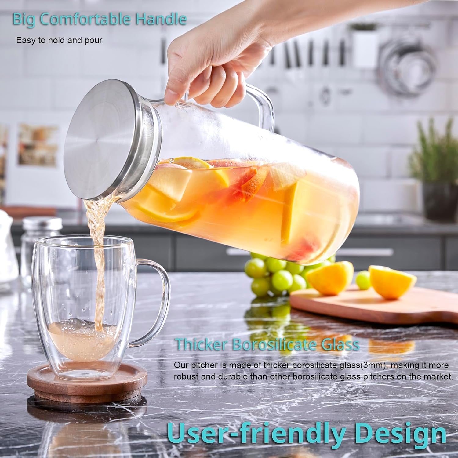 2 Liter 68 Oz Glass Pitcher with Lid and Handle, Glass Carafe for Hot/Cold Water, Large Iced Tea Pitcher for Coffee, Juice and Homemade Beverage