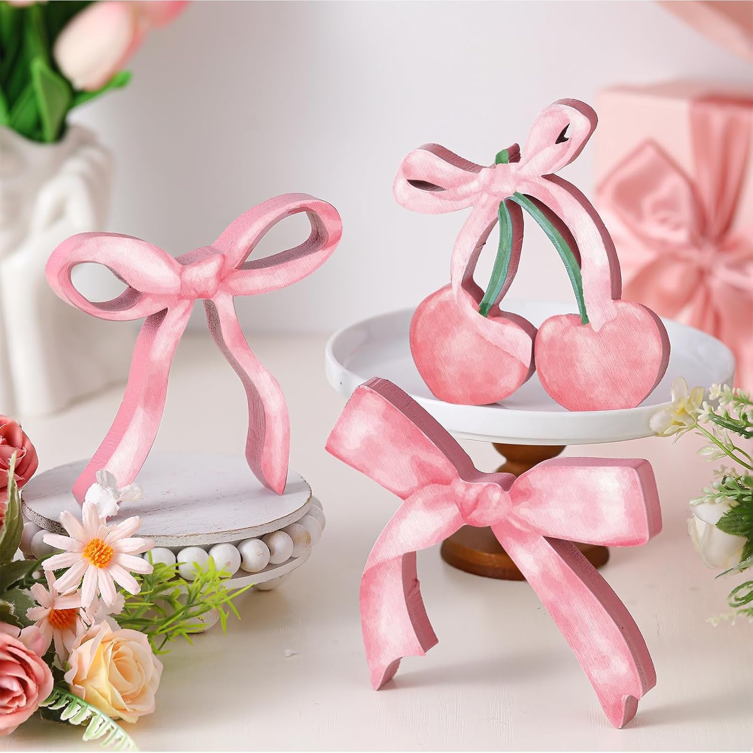 3 Pcs Pink Bow Coquette Room Decor Wooden Sign Preppy Room Coquette Party Decor Girly Pink Bows Tiered Tray for Home Dorm Wall Desk Shelf Tabletop Christmas Decoration(Cherry Style)