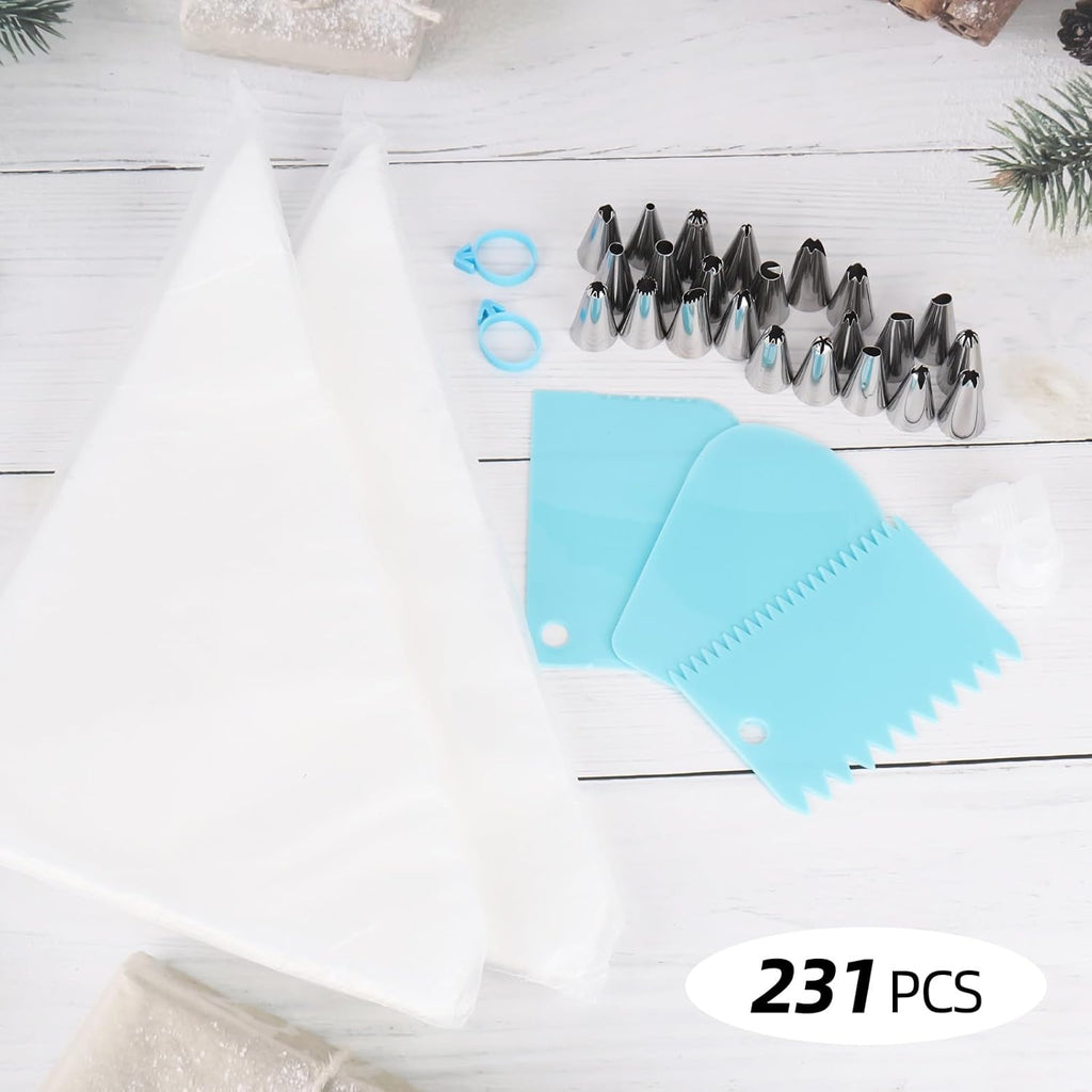 200 Pcs 12 Inch Piping Bags & 24 Tips Set, Cake Decorating Kit with Frosting Tips | Anti-Burst Pastry Bag, Scrapers & Couplers for Baking, Cupcakes, Cookies‌