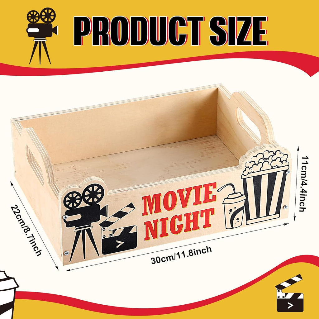 1 Pcs Movie Night Snack Trays with Handles DIY Wooden Snack Basket Organizer Reusable Snack Trays Basket Box Supplies for Party (11.81" X 8.66" X 3.94")
