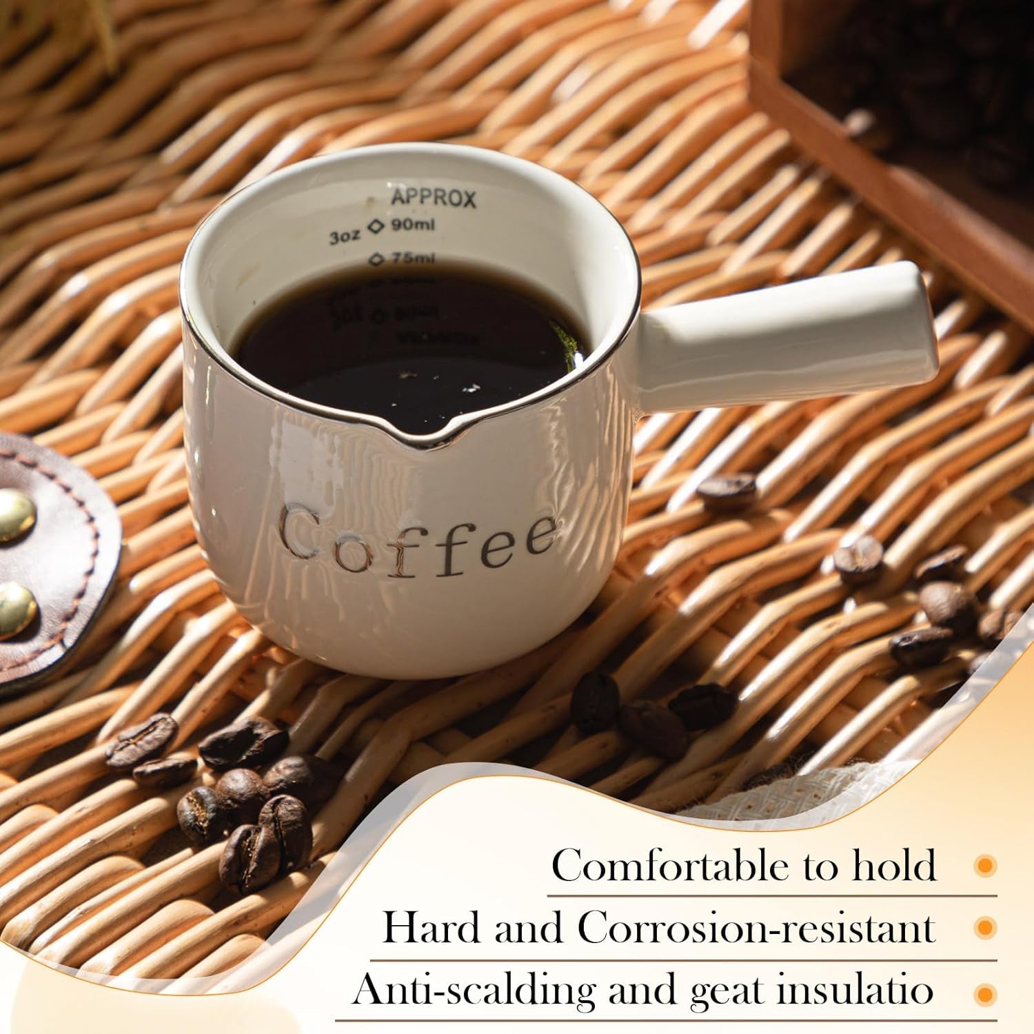 1 Pack Espresso Shot Cups,Ceramic Expresso Measuring Cup with Handle and V-Shaped Mouth,3Oz / 90Ml,Easy to Wash and See the Volume,White,For Coffee Making Frothing Accessories