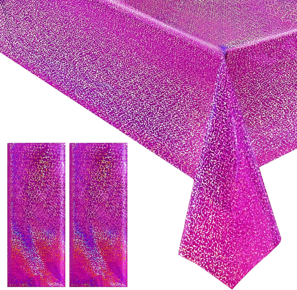 2 Pcs Fuchsia Red Holographic Plastic Tablecloths Laser Table Covers 40" X 108" Foil Disposable Table Cloths for Themed Birthday Party Wedding Christmas Holiday Party Decorations