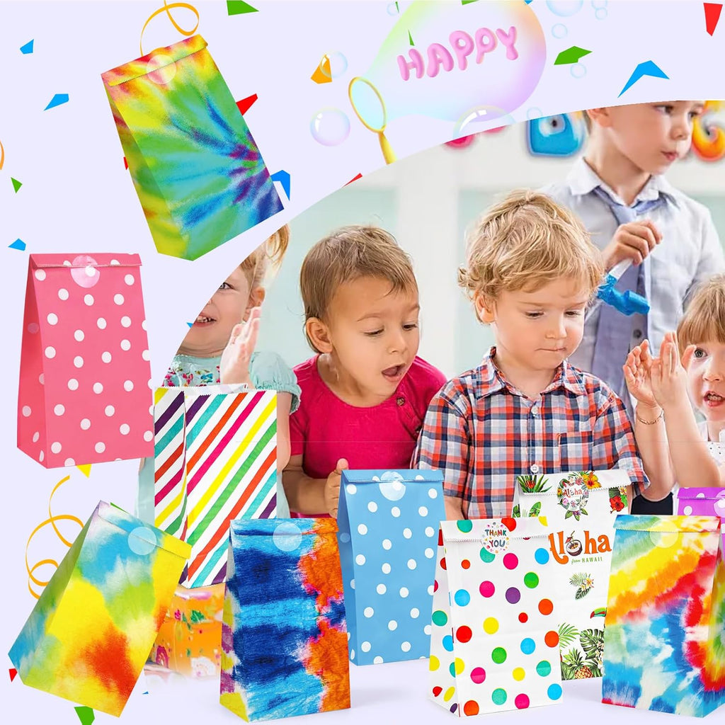 24PCS Luau Hawaii Party Favor Bags, 4.7"X3.1"X8.7" Aloha Paper Gift Bags with Stickers for Candy, Treats, Summer Tropical Hawaiian Parties