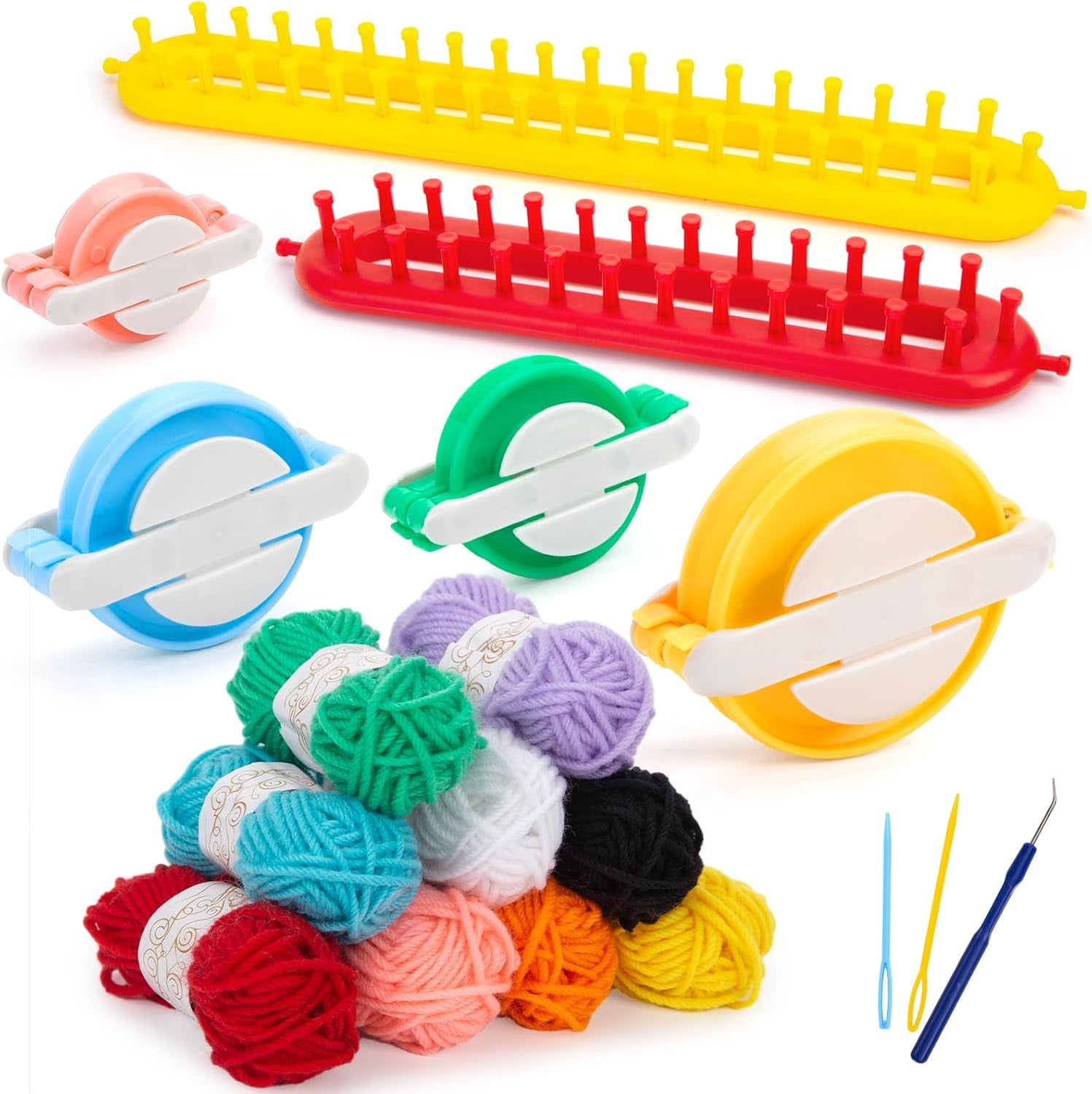 18PCS Knitting Loom and Pompom Maker Set, Rectangle Knitting Looms Pom Pom Makers with 9 Yarn Skeins Acrylic Knitting Supplies for Beginners Christmas Hat Scarf Shawl Sweater Socks