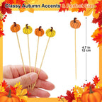 100 Thanksgiving Cocktail Picks, Pumpkin Fall Toothpicks for Appetizers Charcuterie Boards Accessories, 4.7 in Bamboo Skewers Fruit Drinks Food Sticks, Thanksgiving Decoration Autumn Party Supplies