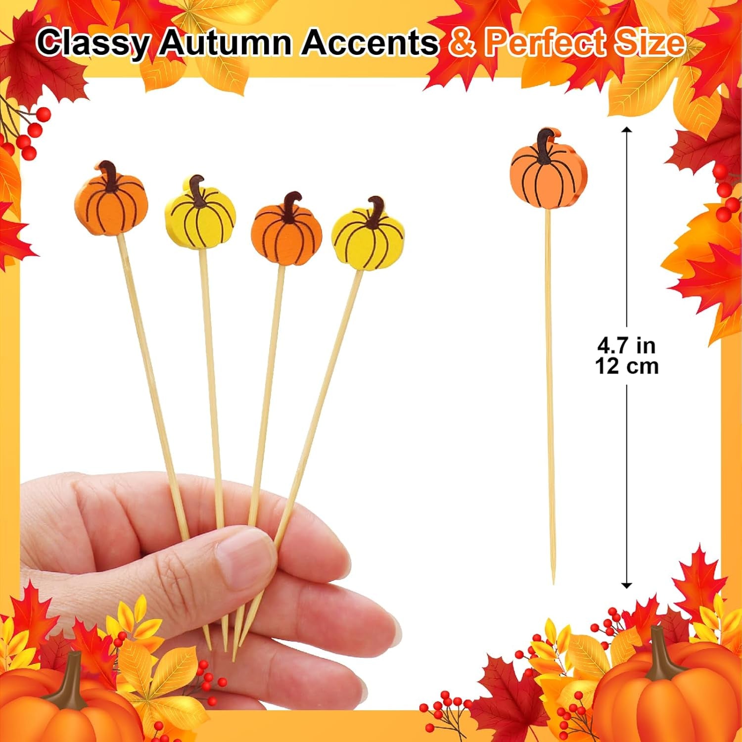 100 Thanksgiving Cocktail Picks, Pumpkin Fall Toothpicks for Appetizers Charcuterie Boards Accessories, 4.7 in Bamboo Skewers Fruit Drinks Food Sticks, Thanksgiving Decoration Autumn Party Supplies