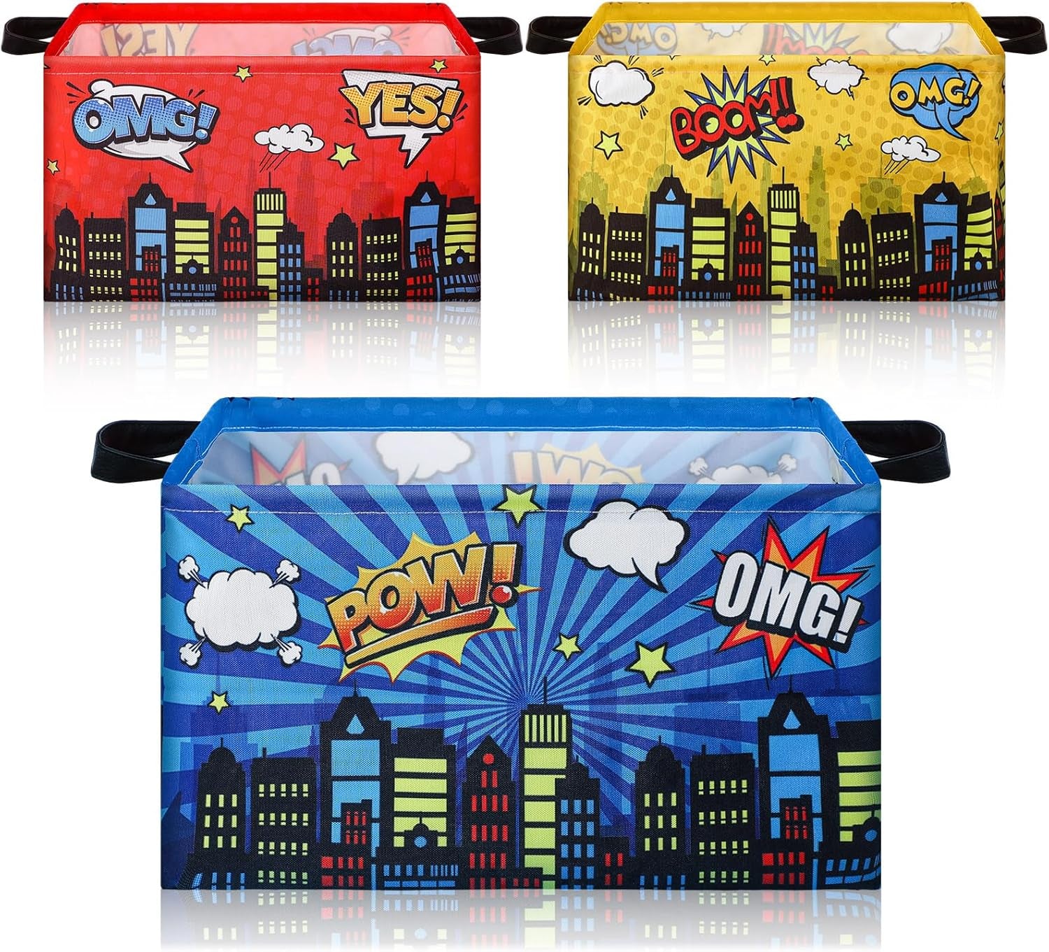 3 Pack Comic Book Storage Hero Themed Basket Large Gifts for Laundry Hamper Basket for Kids Room Nursery Collapsible Toy Clothes Storage Collection Bin(City,Rectangle)