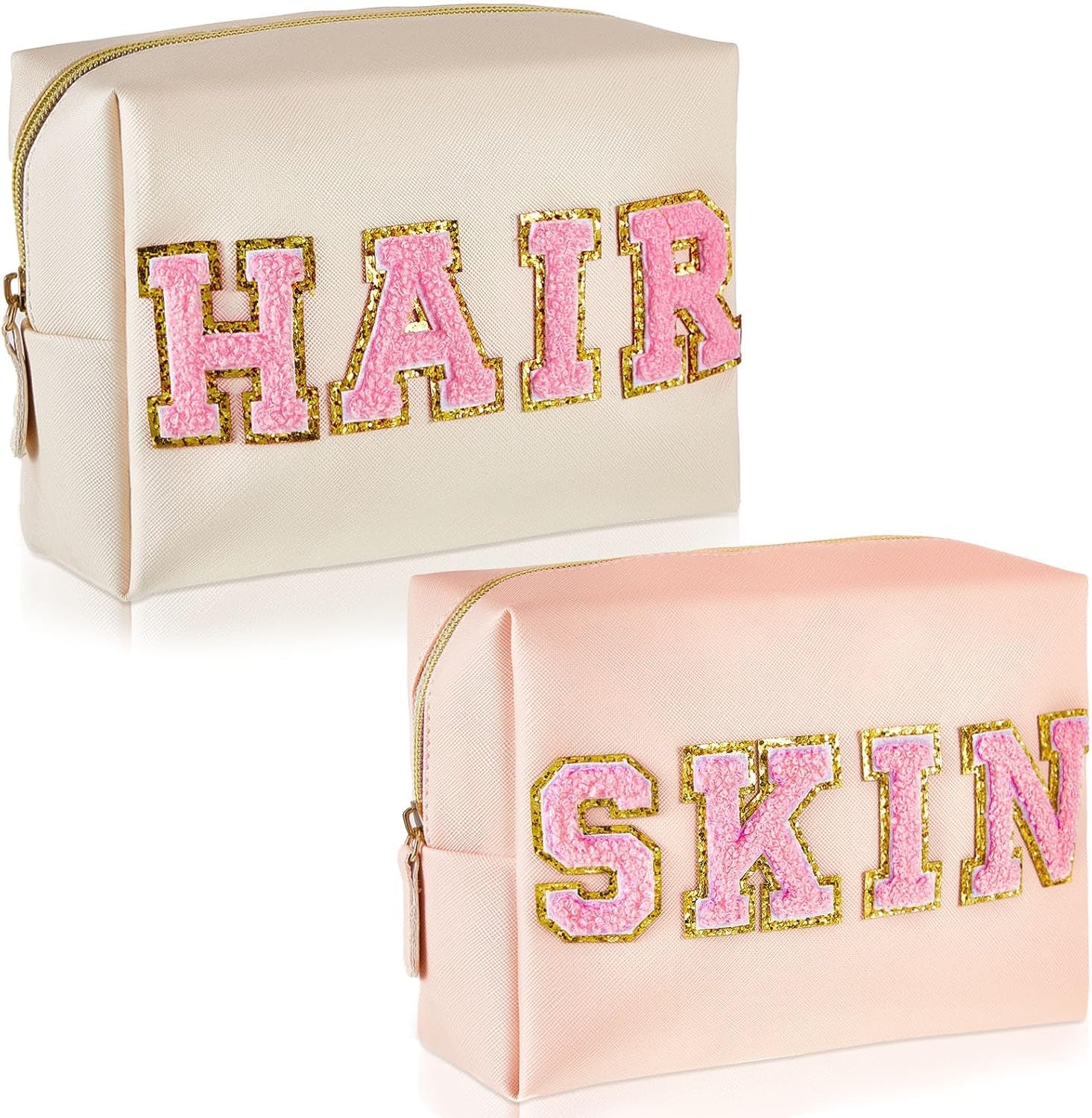 2 Pcs Preppy Makeup Bags Chenille Letter Patch Bag Face Skin Hair Stuff Aesthetic Cosmetic Bag Travel Zipper Pouch Makeup Organizer Graduation Gift for Girls (White, Pink,Hair, Skin)