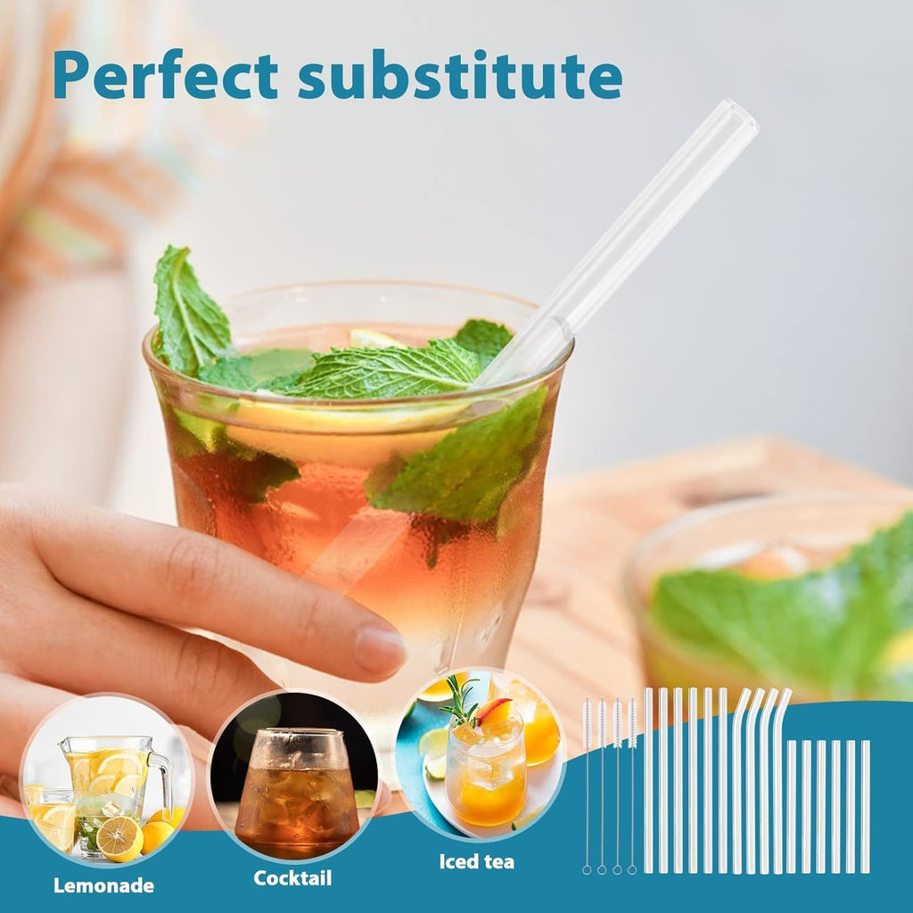 20 Pack Reusable Glass Straws,6 Straight and 4 Bent and 6 Short Glass Straw with 4 Brushes,Perfect for Cocktail, Smoothies, Juice, Milkshakes(8.5''/5.9''×10Mm)