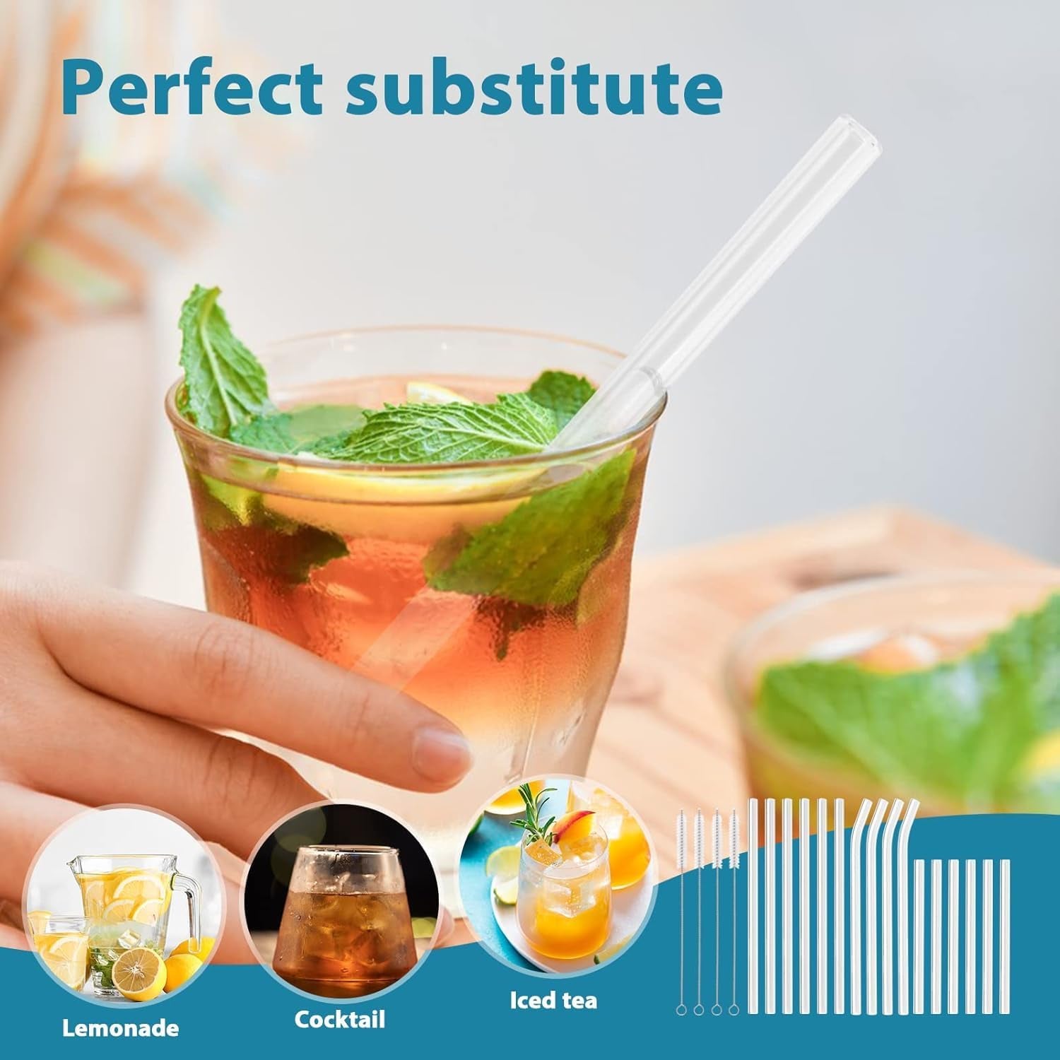 20 Pack Reusable Glass Straws,6 Straight and 4 Bent and 6 Short Glass Straw with 4 Brushes,Perfect for Cocktail, Smoothies, Juice, Milkshakes(8.5''/5.9''×10Mm)