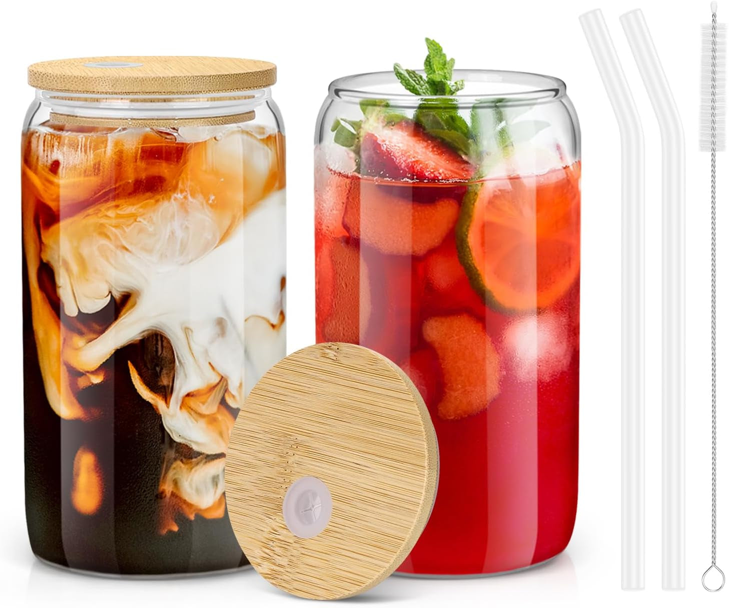 2PCS Glass Cups with Bamboo Lids and Straws, 16OZ Ice Coffee Cup, Drinking Cup Set with Wooden Lids, Home Essential Glass Tumblers for Beer, Cocktail, Tea and Latte Clear