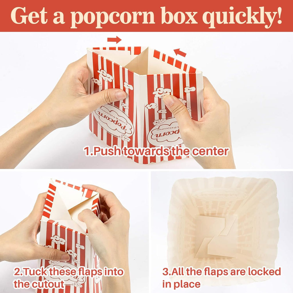 18 Popcorn Boxes Easy Assembly - 46Oz Square Popcorn Bowls Square Buckets Containers Tub Paper Cups Holders Disposable Halloween Carnival Christmas Movie Night Party Individual Servings