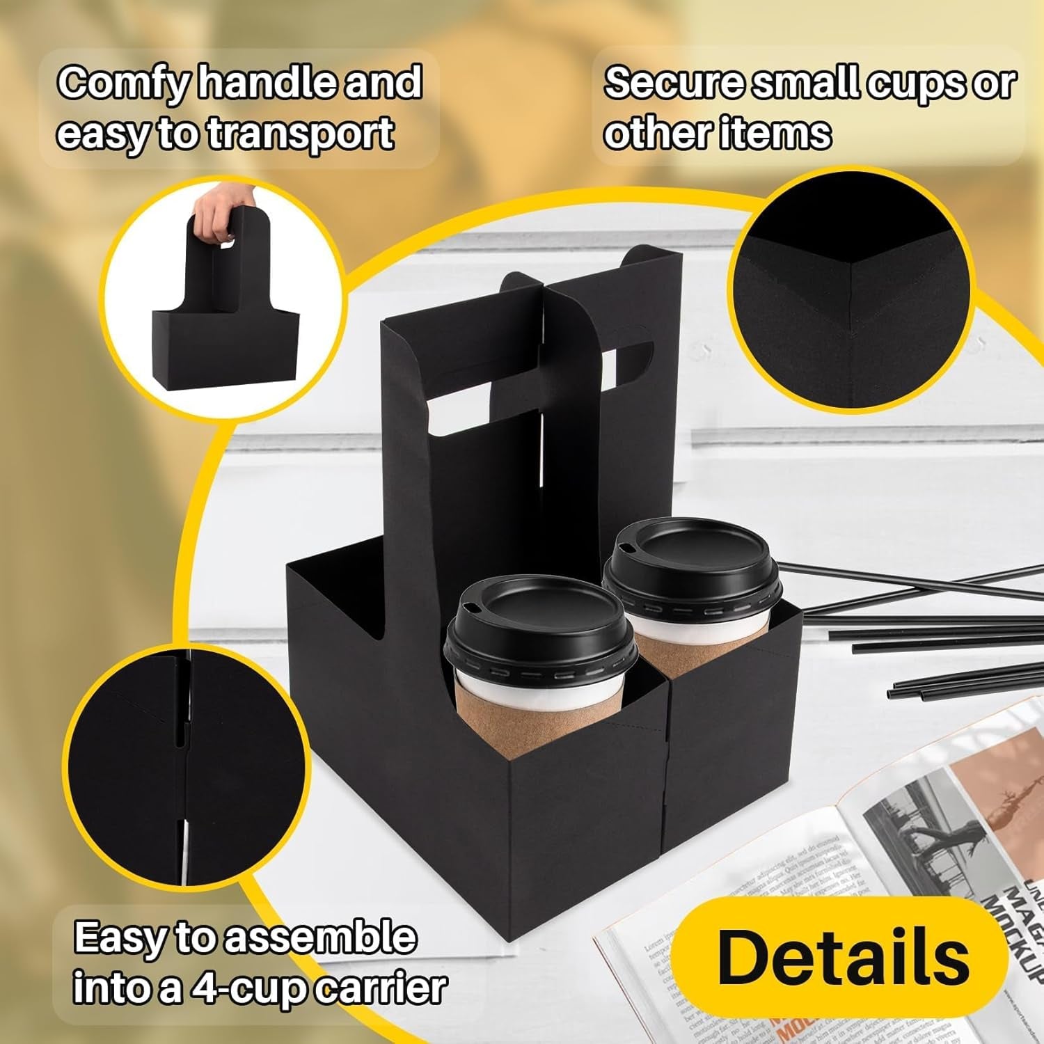 2 Cup Drink Carrier with Handle - 12Pcs Disposable Paper Cardboard Coffee Cup Holder Portable Drink Caddy Cup Carriers to Go Cup Holder Food Delivery Accessories for Hot/Cold Drinks (Black
