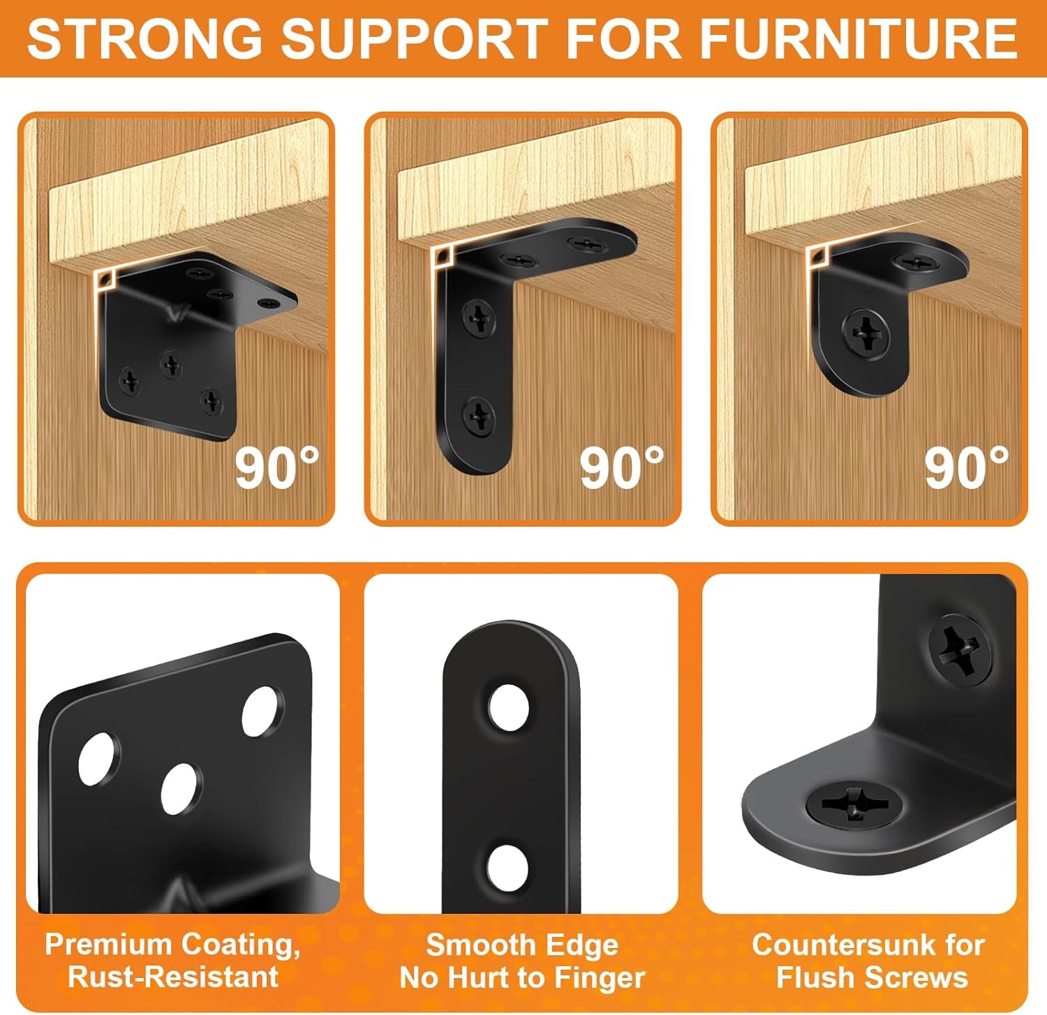 26PCS L Bracket Corner Brace Kit, 3 Sizes Stainless Steel L Brackets for Wood Shelves, 90 Degree Right Angle Bracket, Black Metal Corner Brackets for Furniture Cabinet Drawer Chair (With 88 Screws)