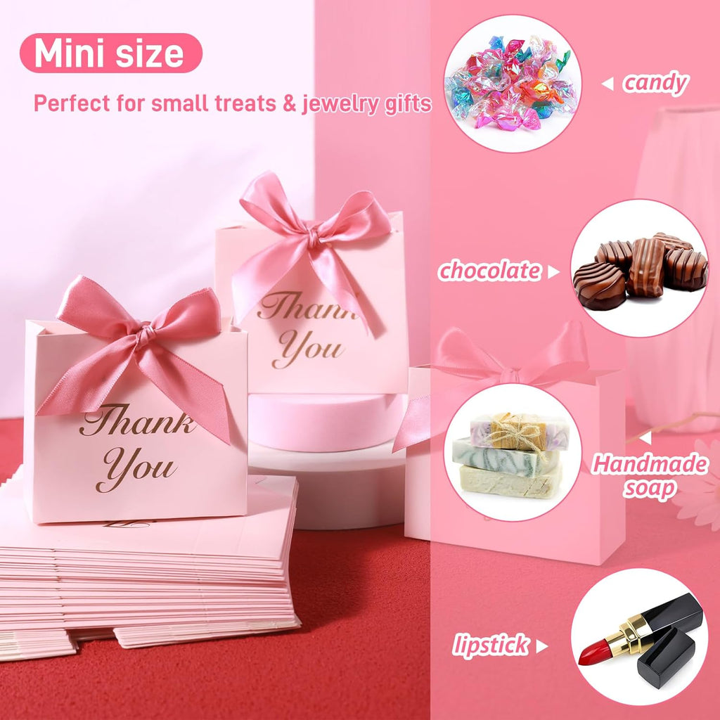 24PCS Thank You Gift Bags, 4.5X3.9X1.8Inches Mini Party Favor Bags Pink Small Candy Boxes with Ribbon Small Gift Boxes for Wedding Bridal Baby Shower Birthday Party