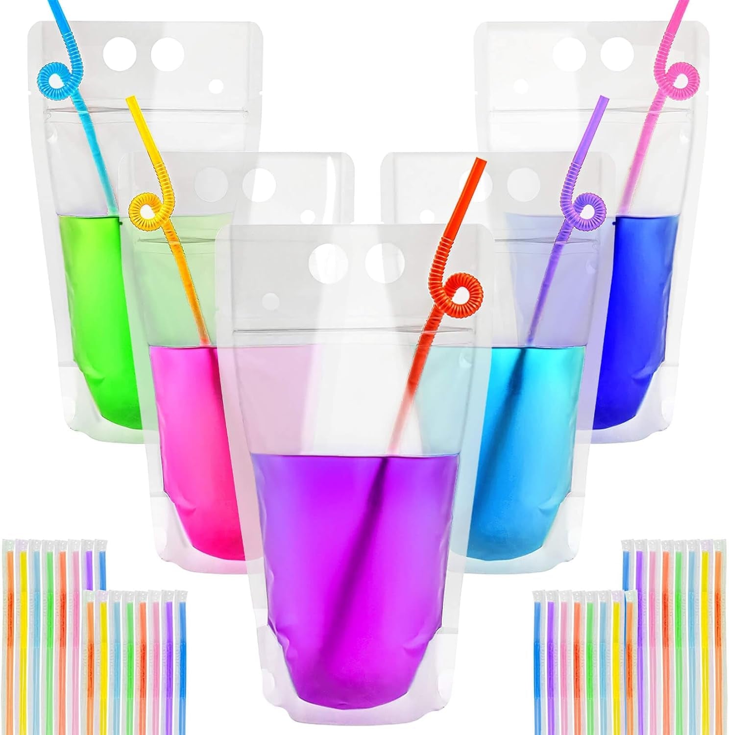 100 Drink Pouches with Straws Individually-Wrapped - 17Oz Juice Drink Pouches Adult Clear Plastic Halloween Blood Bag Reusable Liquid Smoothie Party Hot Weather Cooling