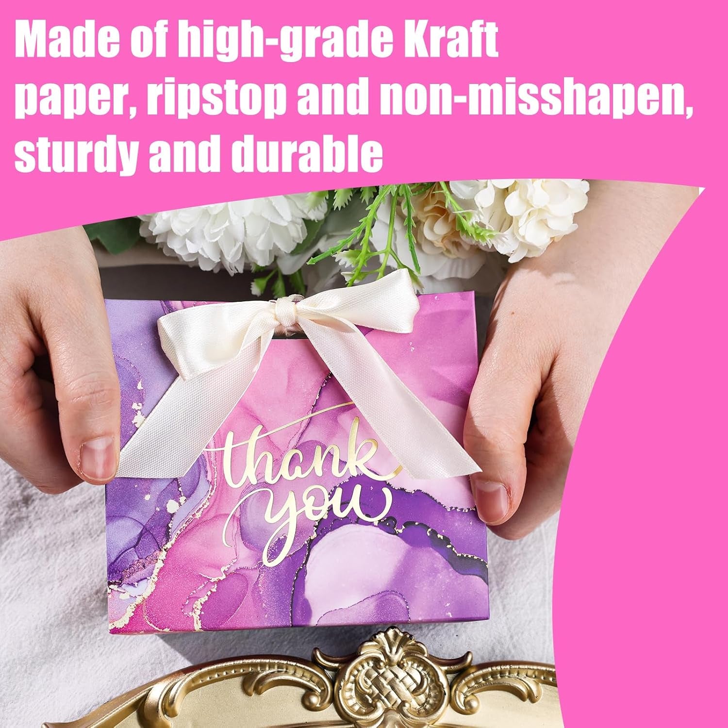 24PCS Thank You Gift Bags, 4.5X3.9X1.8Inches Mini Party Favor Bags Purple Treat Boxes with Bow Ribbon for Wedding Bridal Baby Shower Birthday Party