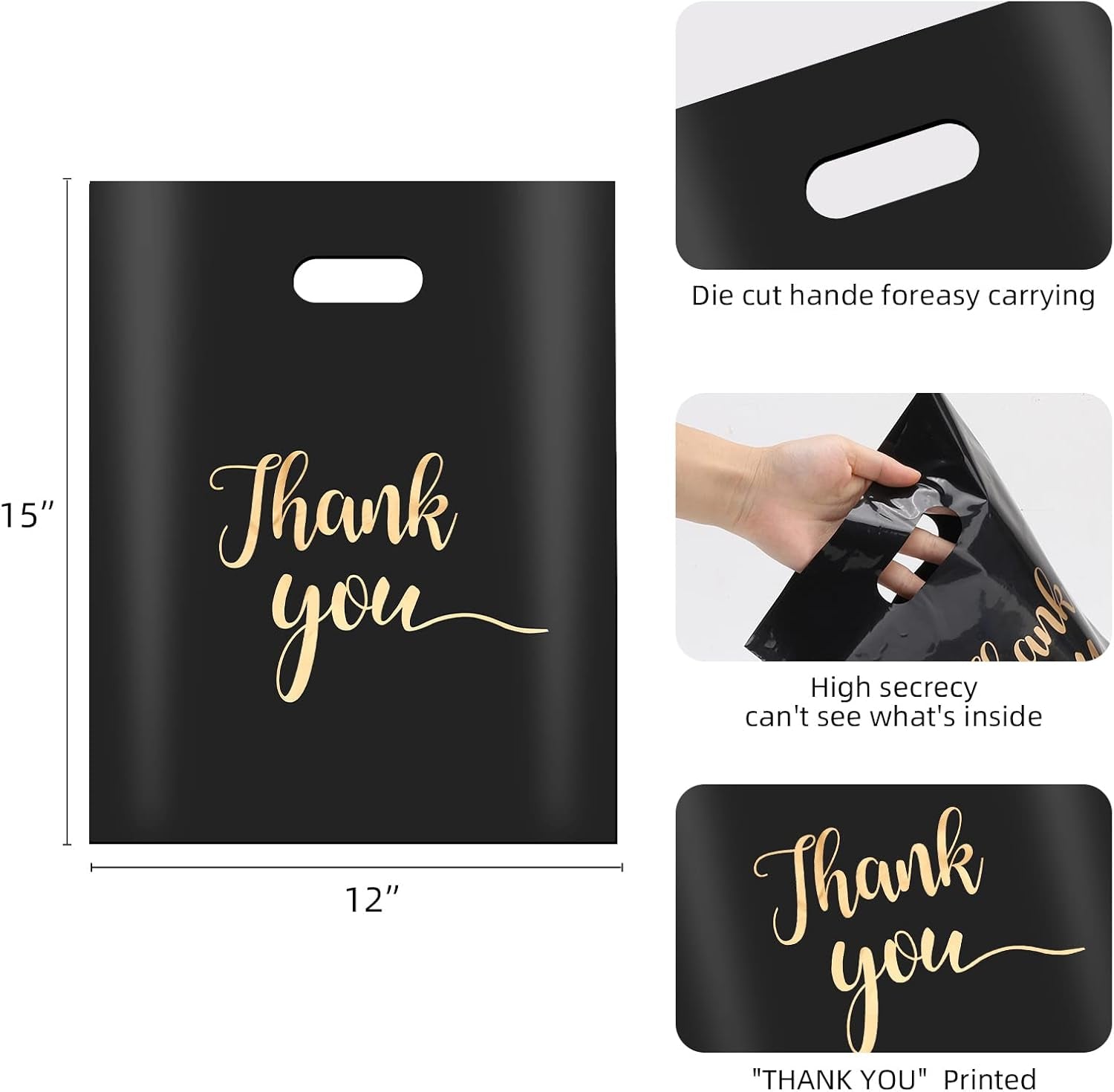 100 Pcs Thank You Merchandise Bags for Small Business, 2.36Mil Thickness 12X15 Inch Plastic Retail Shopping Bags with Handle for Goodie, Gift, Stores, Boutique, Clothing (Black)